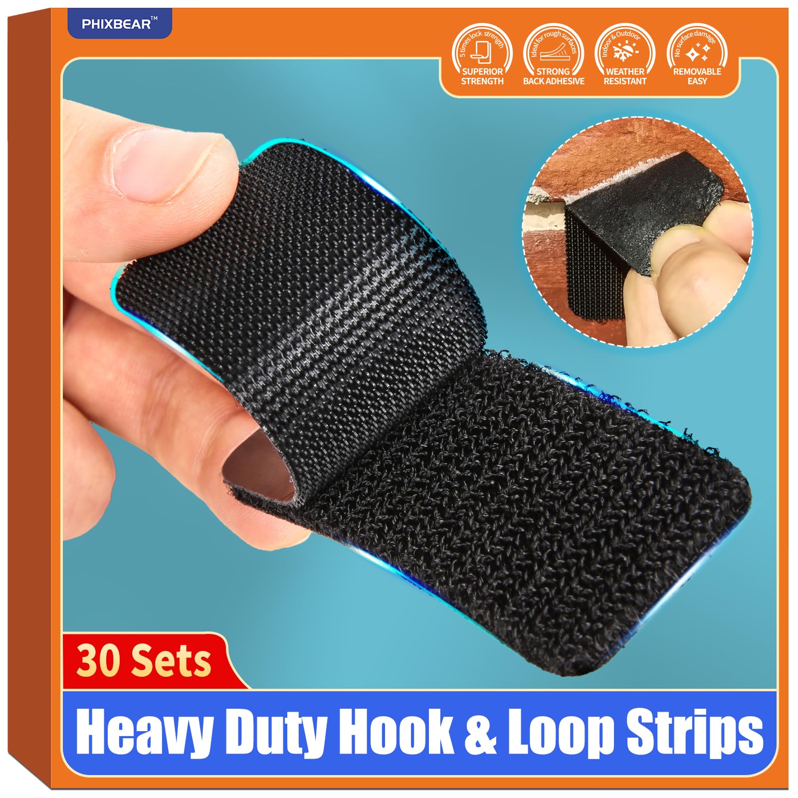 PHIXBEAR 30 Sets Industrial Heavy Duty Hook and Loop Strips with Adhesive, Strong Back Adhesive Double Sided Hook Loop Tape, Black Sticky Fasten for Rough Surfaces,Indoor or Outdoor Use,1.3x3.2 Inch