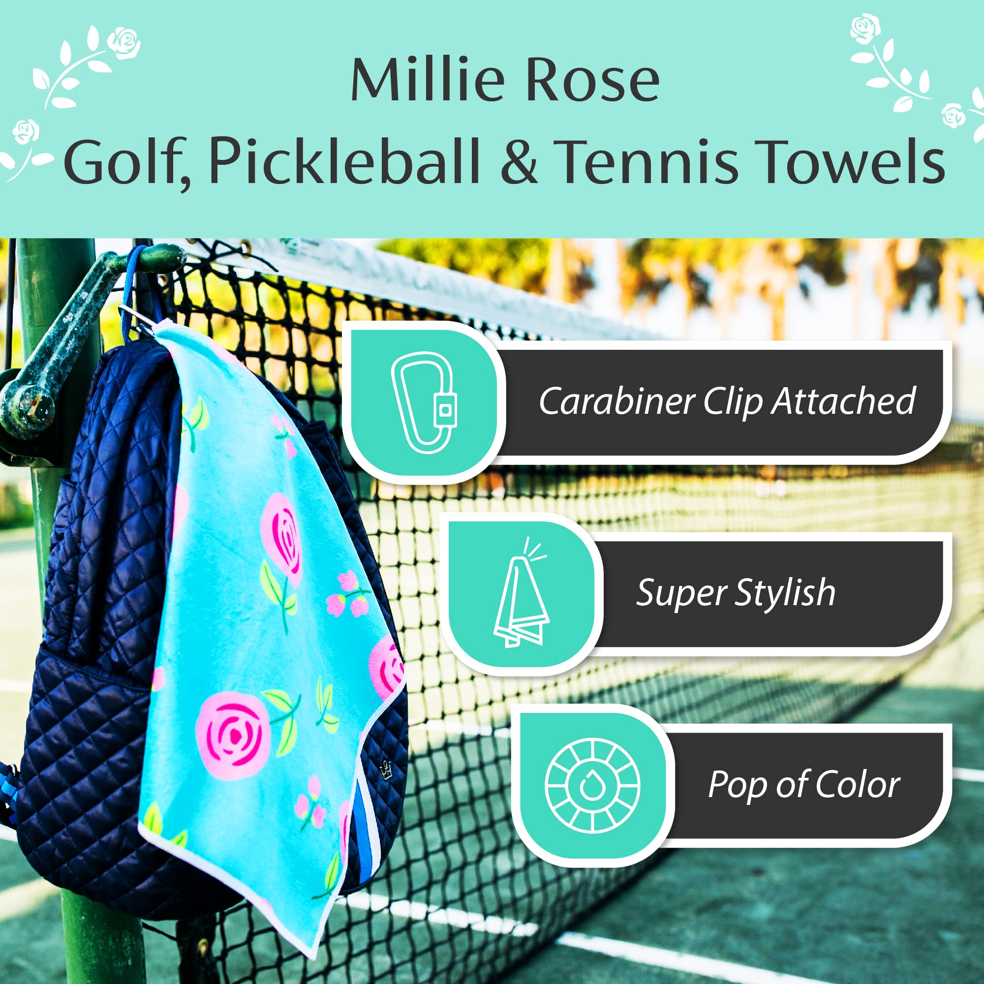 Millie Rose Pickleball Towels in Fashionable Prints - Cute 15x17 inch Microfiber & Cotton Athletic Towels with Carabiner Clip - Pickleball Accessories, Pickleball Gifts (Prettiest Purple)