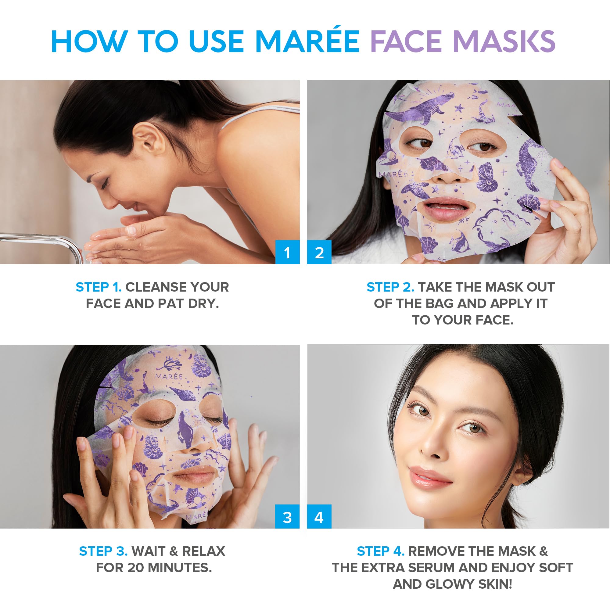 MAREE Collagen Face Mask with Hyaluronic Acid - Sheet Face Masks Skincare with Green & Red Algae Extract for All Skin Types - Hydrating Facial Mask Skin For Women Care Mascarillas Faciales - 6 Pack