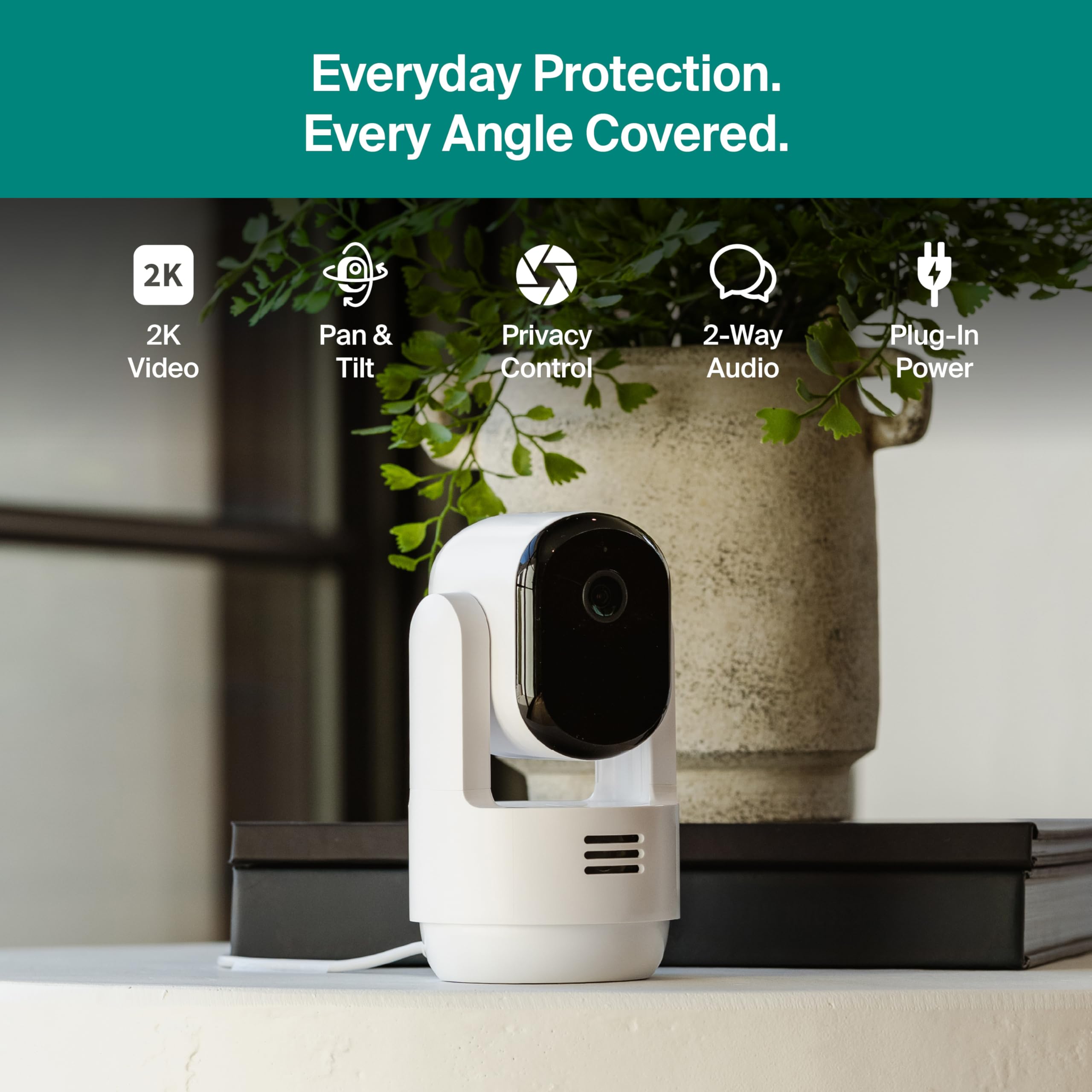 Arlo Essential Indoor Pan Tilt Security Camera 2K (2025 Release) - Wired Plug-in Power, Person Recognition, Animal Detection, Animated Preview, 1-Month Secure Plan, Auto Motion Tracking, 2 Cam, White