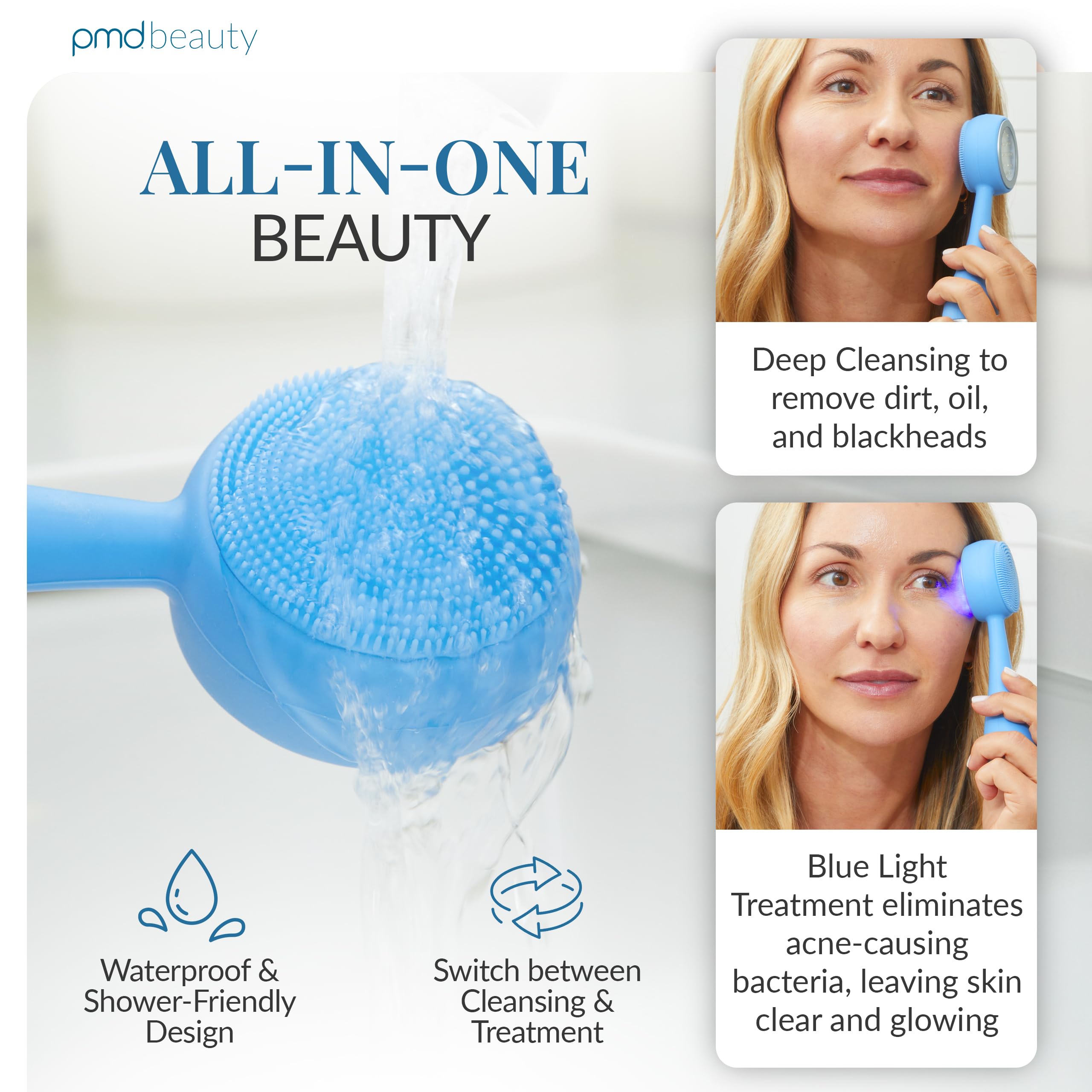 PMD Beauty Clean, Acne, and Redvolution - Electric Facial Cleansing Brush, Smart Facial Device with Silicone Brush & Anti-Aging Massager, Red and Blue LED Light