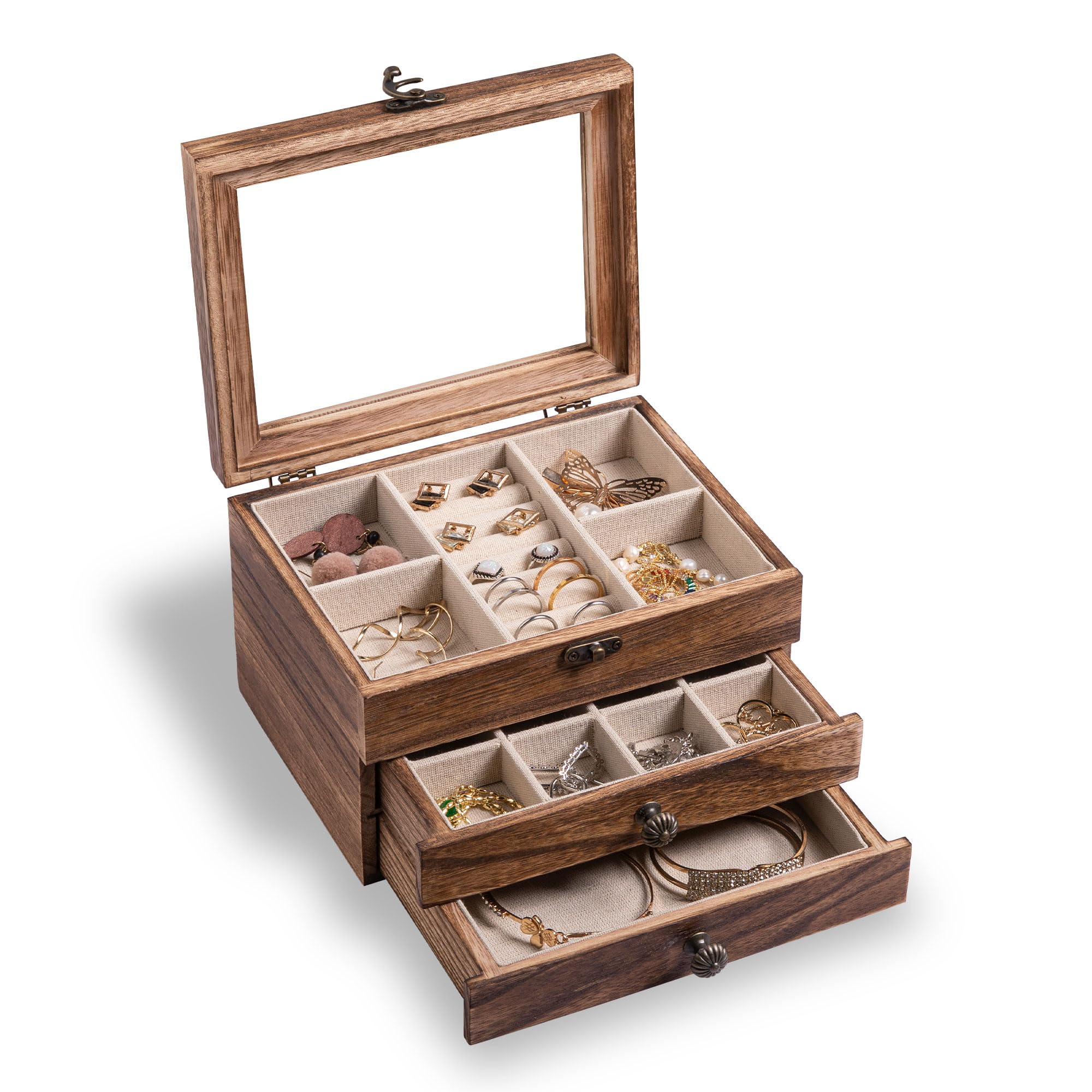 Frebeauty Wooden Jewelry Box 3 Layer Vintage Jewelry Organizer with Clear Lid Rustic Wood Jewelry Holder Jewelry Case for Rings Bracelets Brooches Jewelry Storage(Moderate Carbonization)