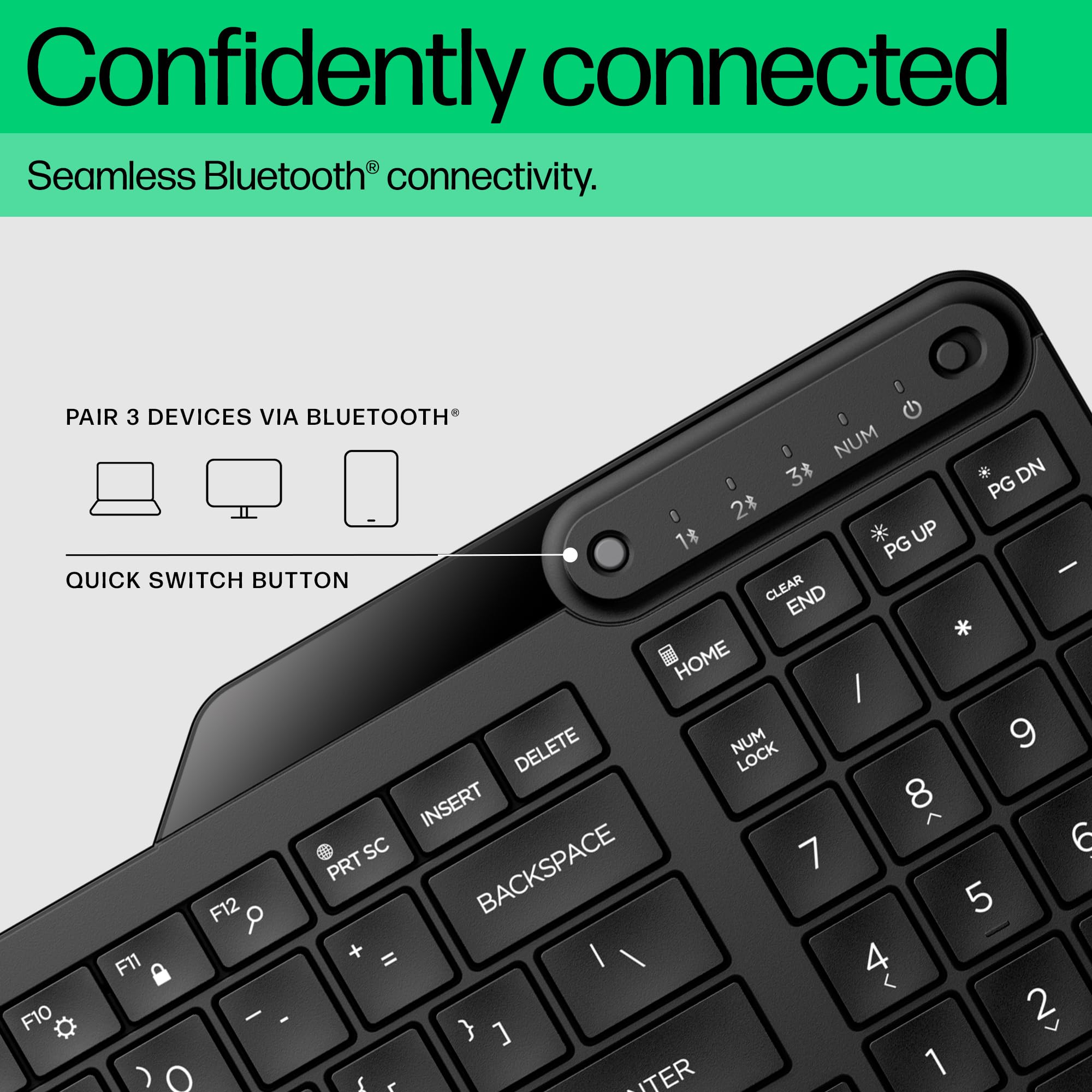 HP 460 Multi-Device Bluetooth Keyboard - Multi-OS Compatible - Full-Size Keyboard w/Numpad - 12 Programmable Buttons, Quick Switch Key - 24-Month, AAA Battery Life - Responsibly Made (Black)