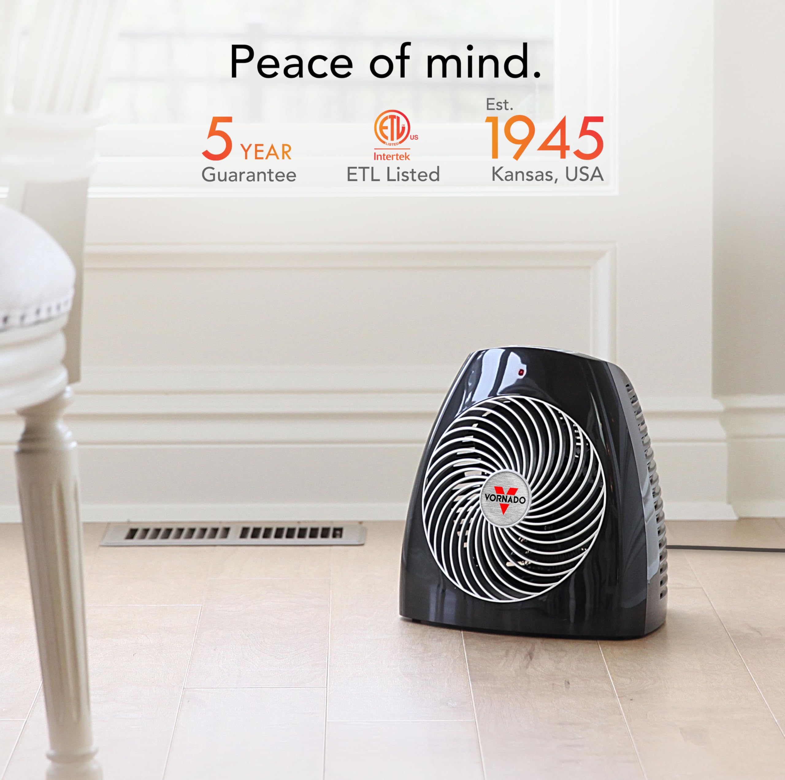Vornado MVH Space Heater 3 Heat Settings Adjustable Thermostat Tip-Over Protection Auto Safety Shut-Off System Indoor Use Whole Room Black