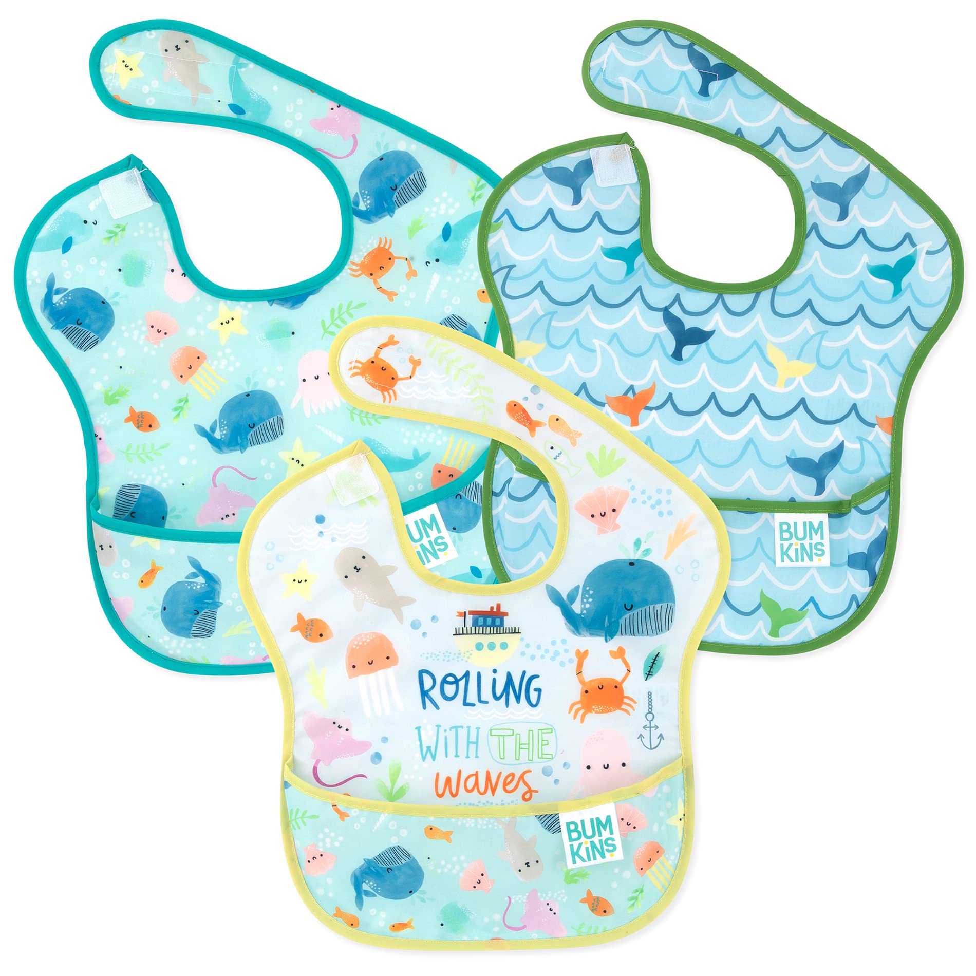 Bumkins Bibs for Girl or Boy, SuperBib Baby and Toddler 6-24 Months, Essential Must Have for Eating, Feeding, Baby Led Weaning Supplies, Mess Saving Catch Food, Waterproof Fabric 3-pk Blue Ocean Life