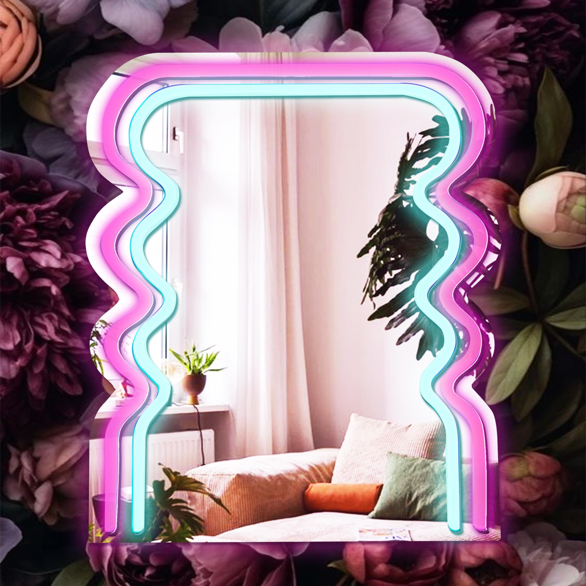 Archway Wave Neon Sign Mirror for Wall Decor, Powered by USB, 3D Art Neon Light, Pink and Blue, 13"x11" inch, LED Light Wall Mirror，Makeup Mirror with Lights for Women Gift