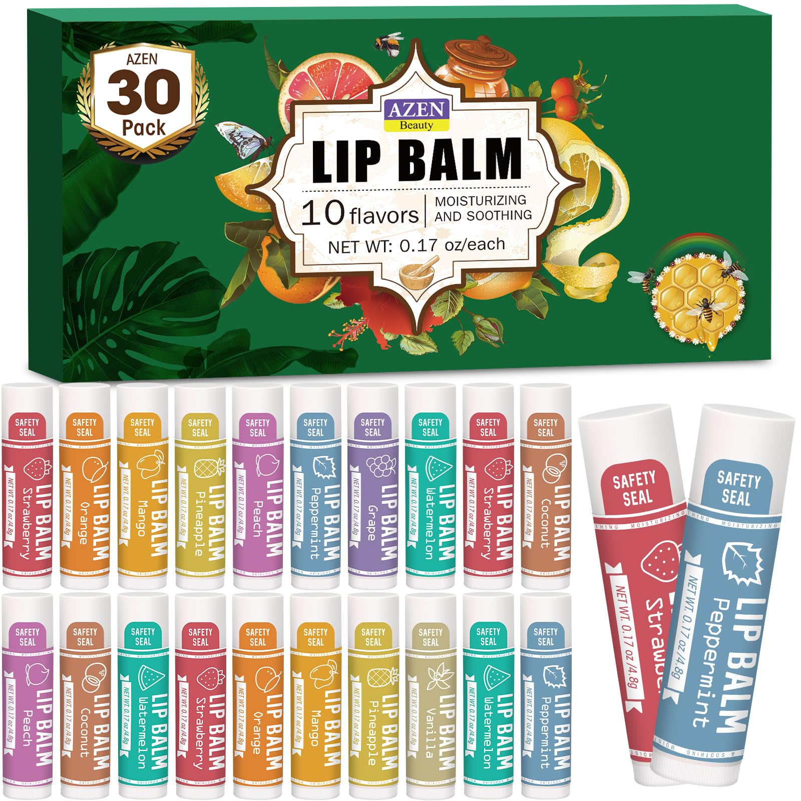 AZEN 30 Pack Lip Balm, Natural Lip Balm Bulk, Lip Care Product, Moisturizing Lip Balm for dry cracked lips - 10 Flavors