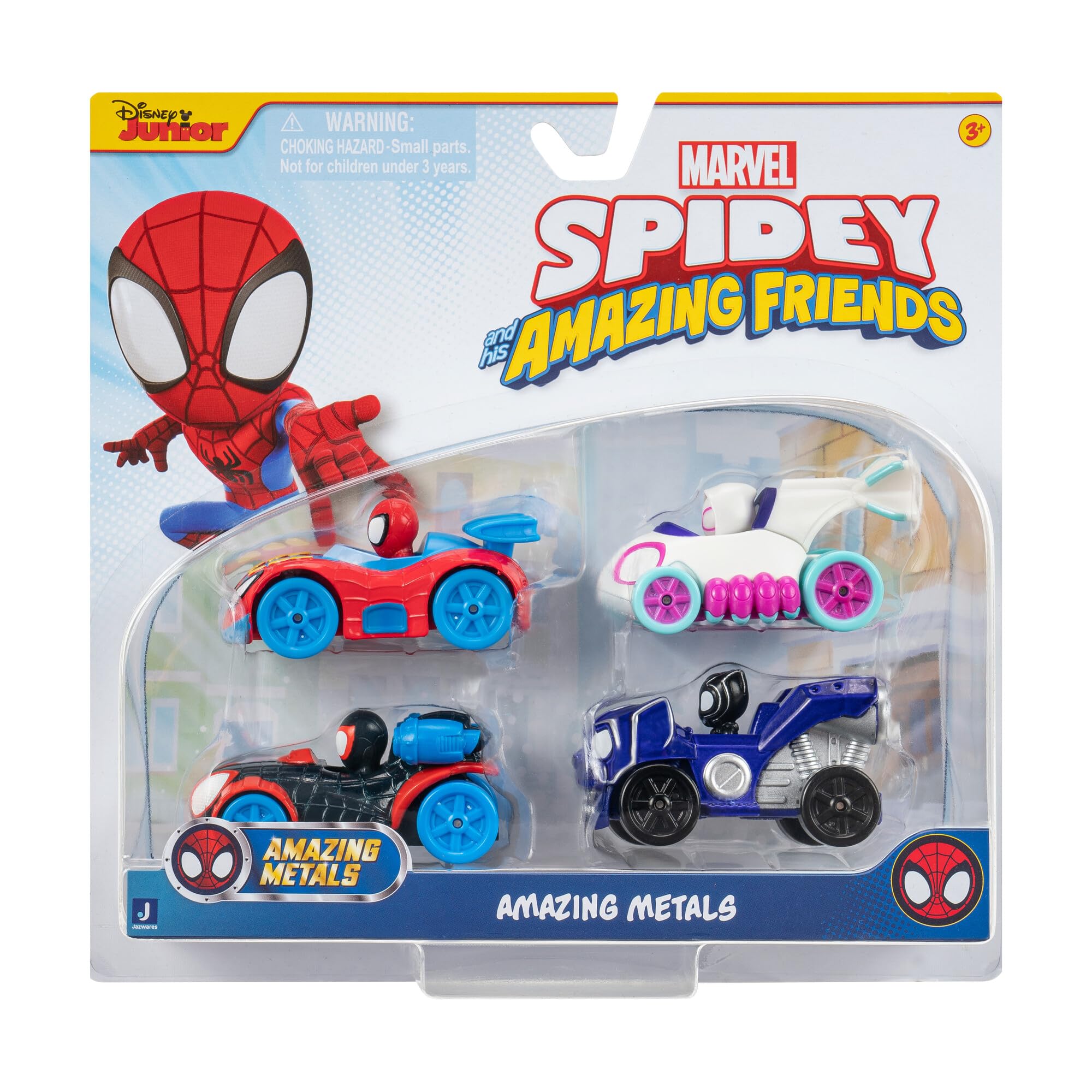 Jazwares Marvel Spidey and Friends 4-Pack Die-Cast Vehicles - Includes Spidey, Ghost-Spider, Black Panther, Miles Morales - Superhero Toys for Kids 3+