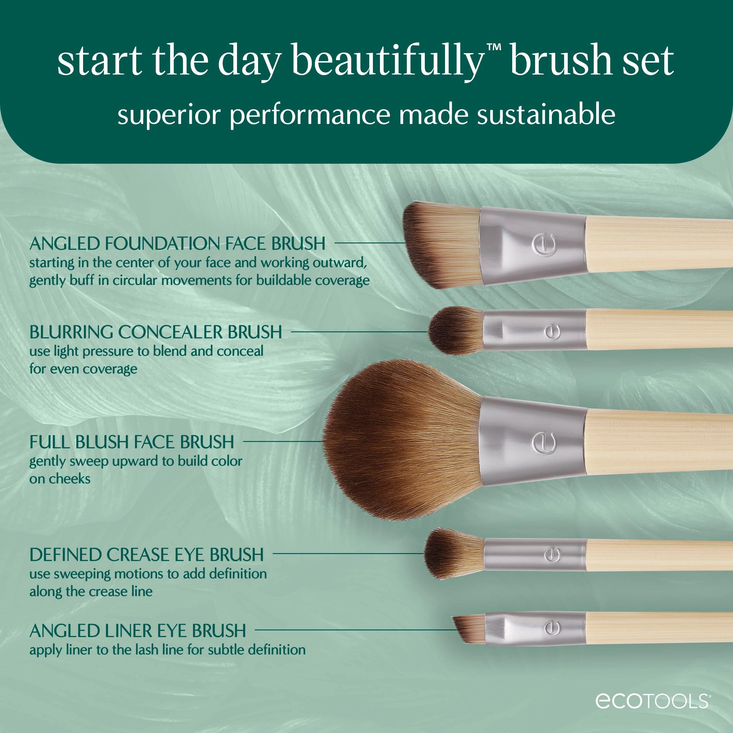 EcoTools Start The Day Beautifully 6 Piece Makeup Brush Set, Makeup Brushes For Eyeshadow, Blush, Concealer, & Foundation Application, Eco-Friendly, Gift Set, Synthetic Hair, Vegan & Cruelty-Free