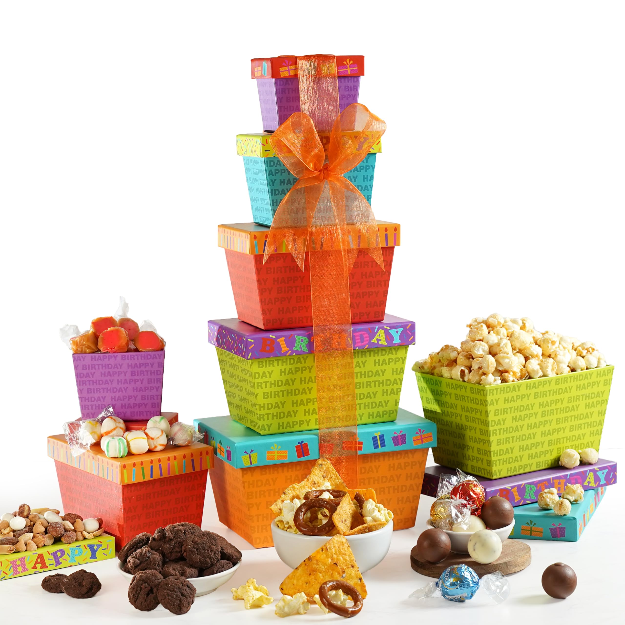 Broadway Basketeers Food Chocolate Gift Basket Tower for Birthdays – Curated Snack Box, Sweet and Savory Treats for Parties, Best Wishes, Birthday Presents for Women, Men, Mom, Dad, Her, Him, Families