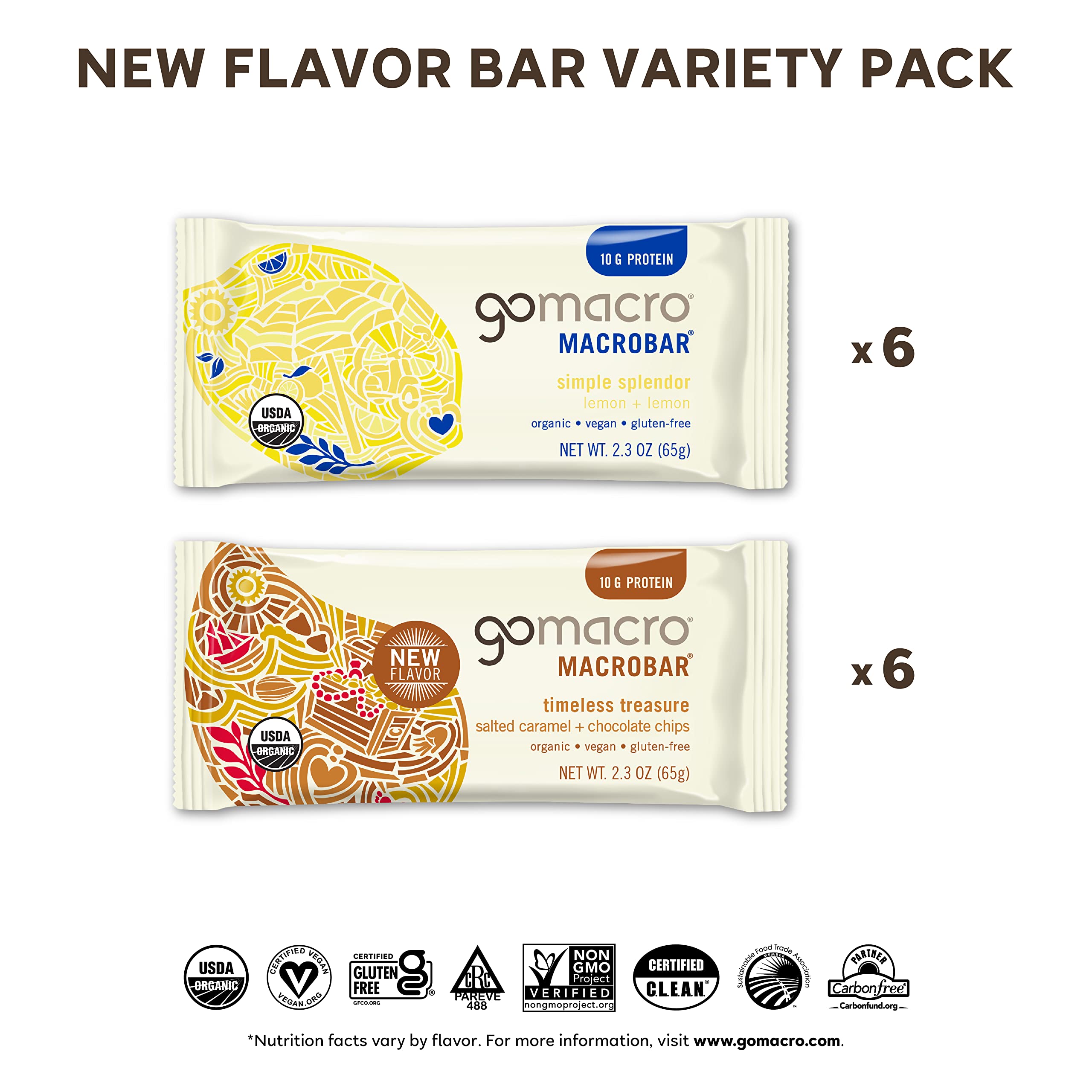 GoMacro MacroBar Organic Vegan Protein Bars - New Flavor Variety Pack (2.3 Ounce Bars, 12 Count)