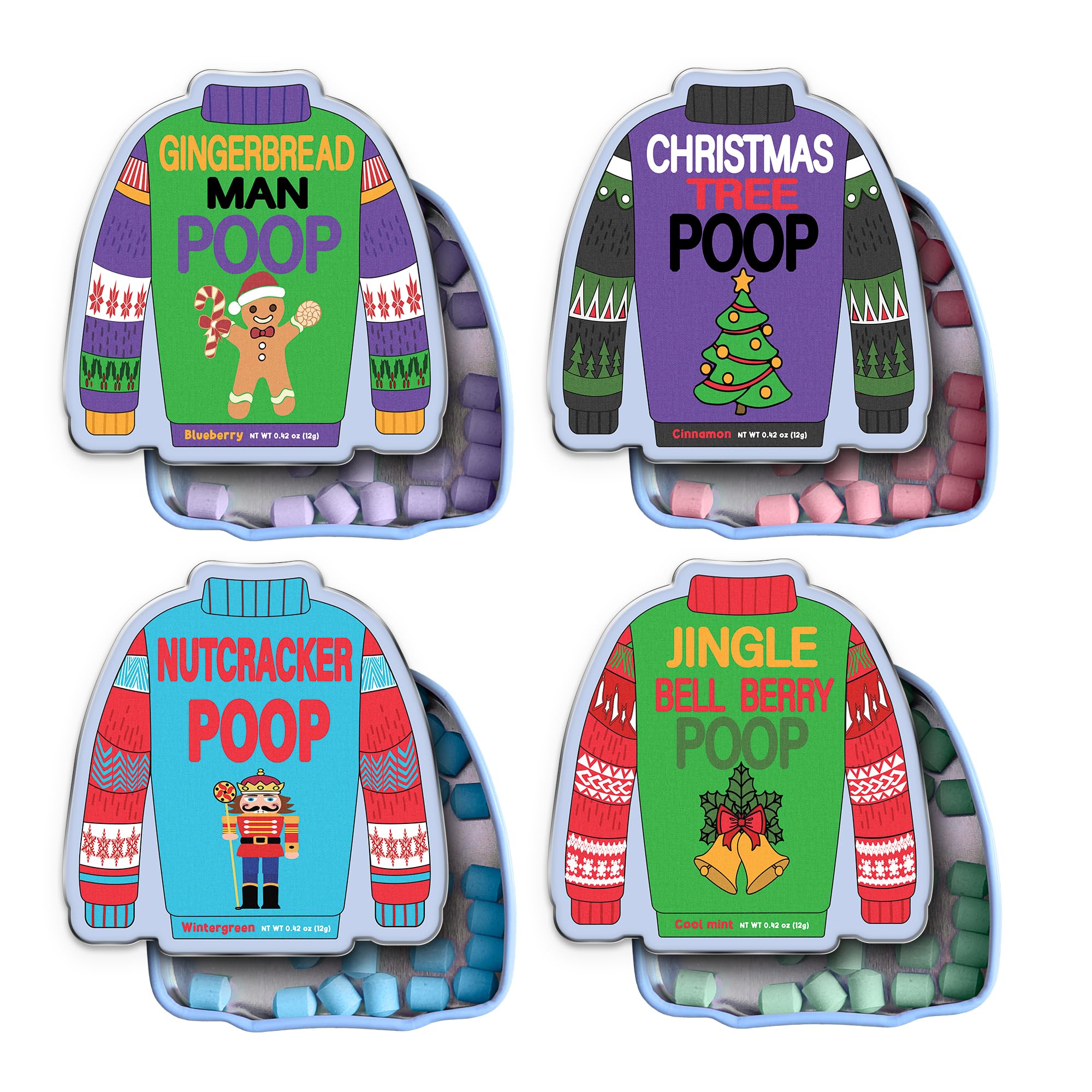 Christmas Poop Mint Candy 4-Pack in Ugly Sweater Tins – Funny Christmas Candy, Stocking Stuffers for Adults, and Teens – Fun Breath Mints, Unique Christmas Gifts