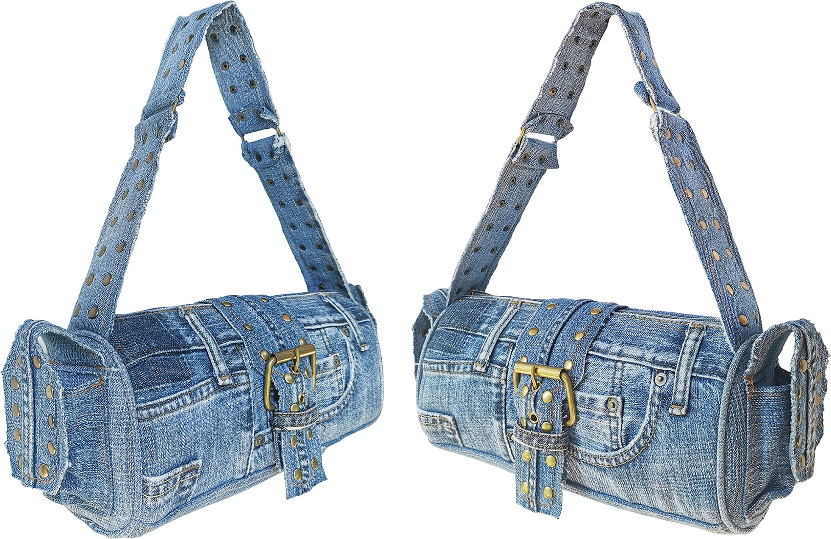 Upcycling Blue Denim Jeans Punk Brass Rivet Studded Buckle Belt Decorative Barrel Shoulder Handle Handbag Purse