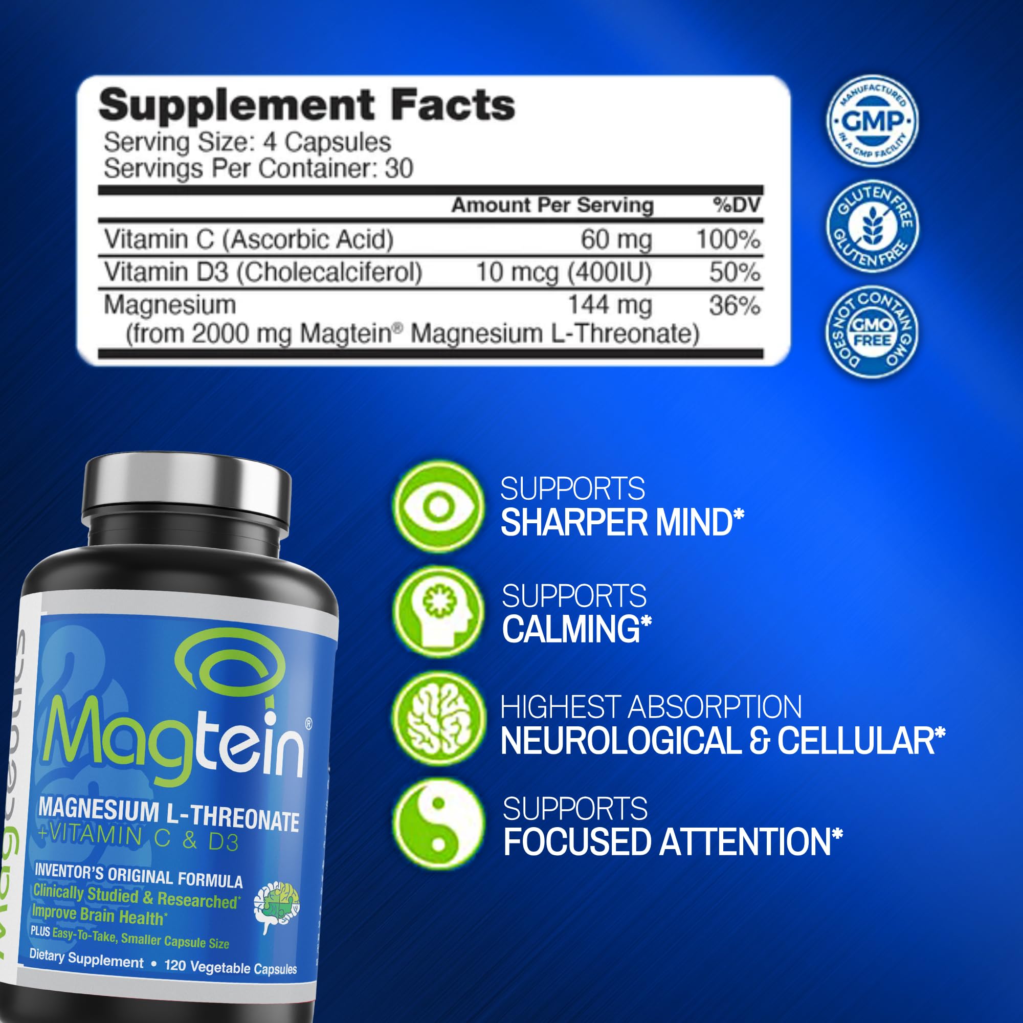 Magtein Magnesium L-Threonate to Improve Cognition, Focus, Memory, Sleep Quality and Brain Health with Small Caps - 120 Vegetable Capsules