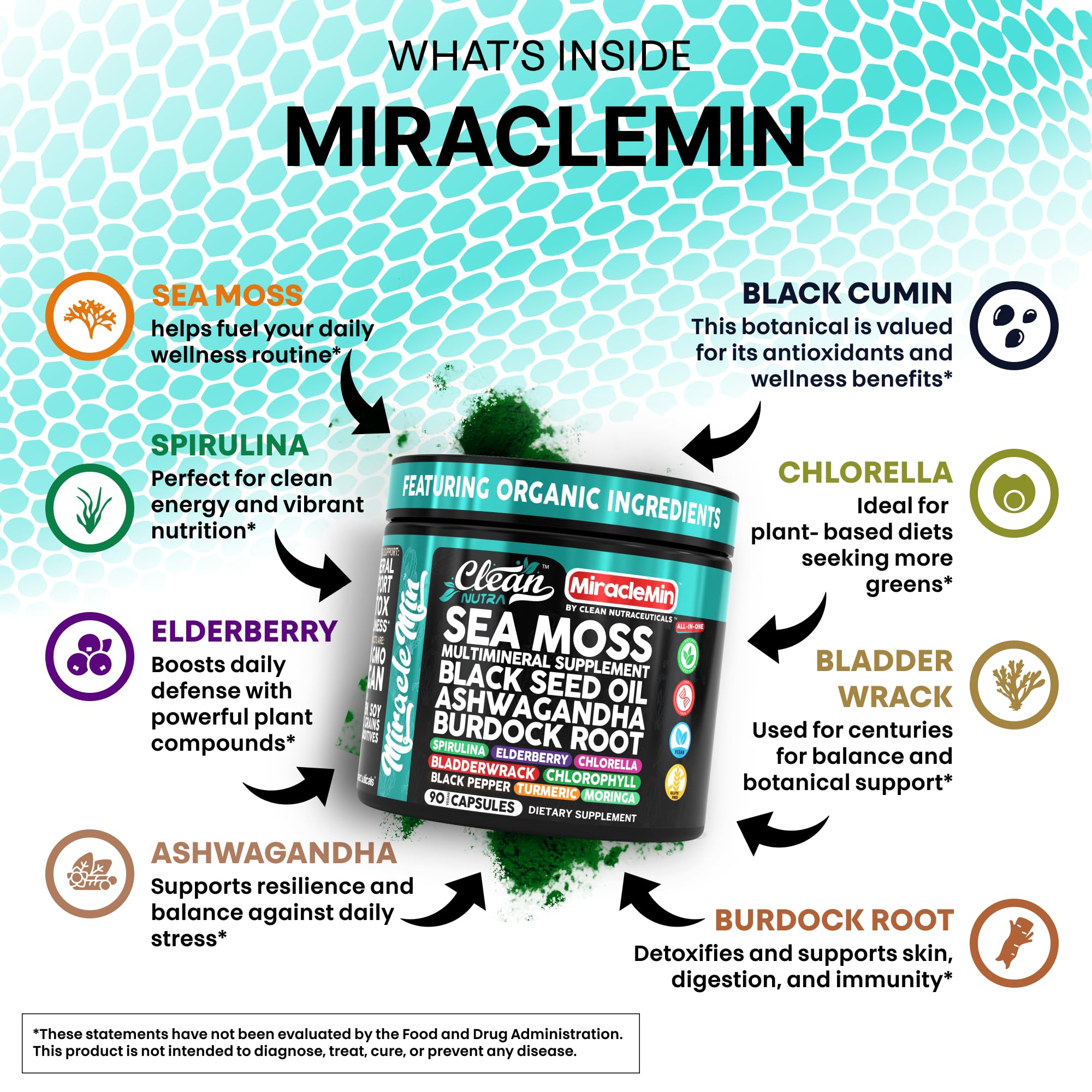 Clean Nutra Sea Moss Capsules with Ashwagandha, Black Seed Oil, Burdock Root, Bladderwrack, Moringa, Chlorella, Spirulina, Turmeric, Elderberry, Amla – 90 Vegan Capsules – MiracleMin