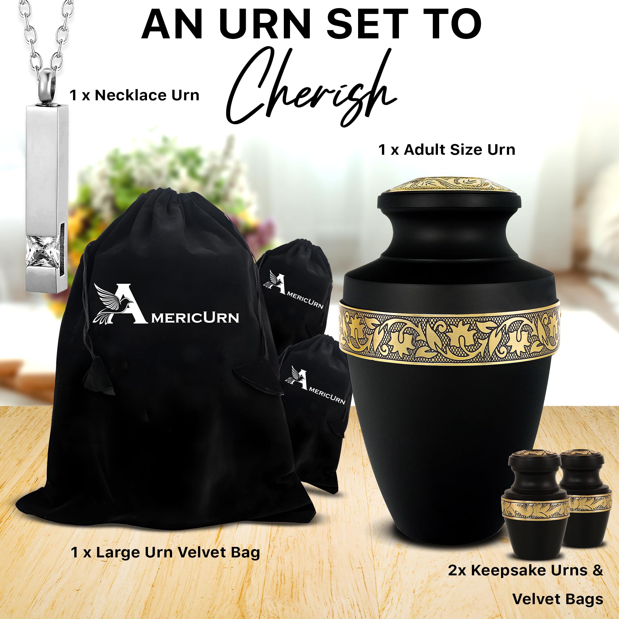 AmericUrn Set of 4 Funeral & Cremation Urn for Ashes Adult Male & Female with 1 Large Grecian Black Decorative Urn for Human Ashes Adult Man 2 Small Keepsakes & 1 NecklaceUrn-Handcrafted in India