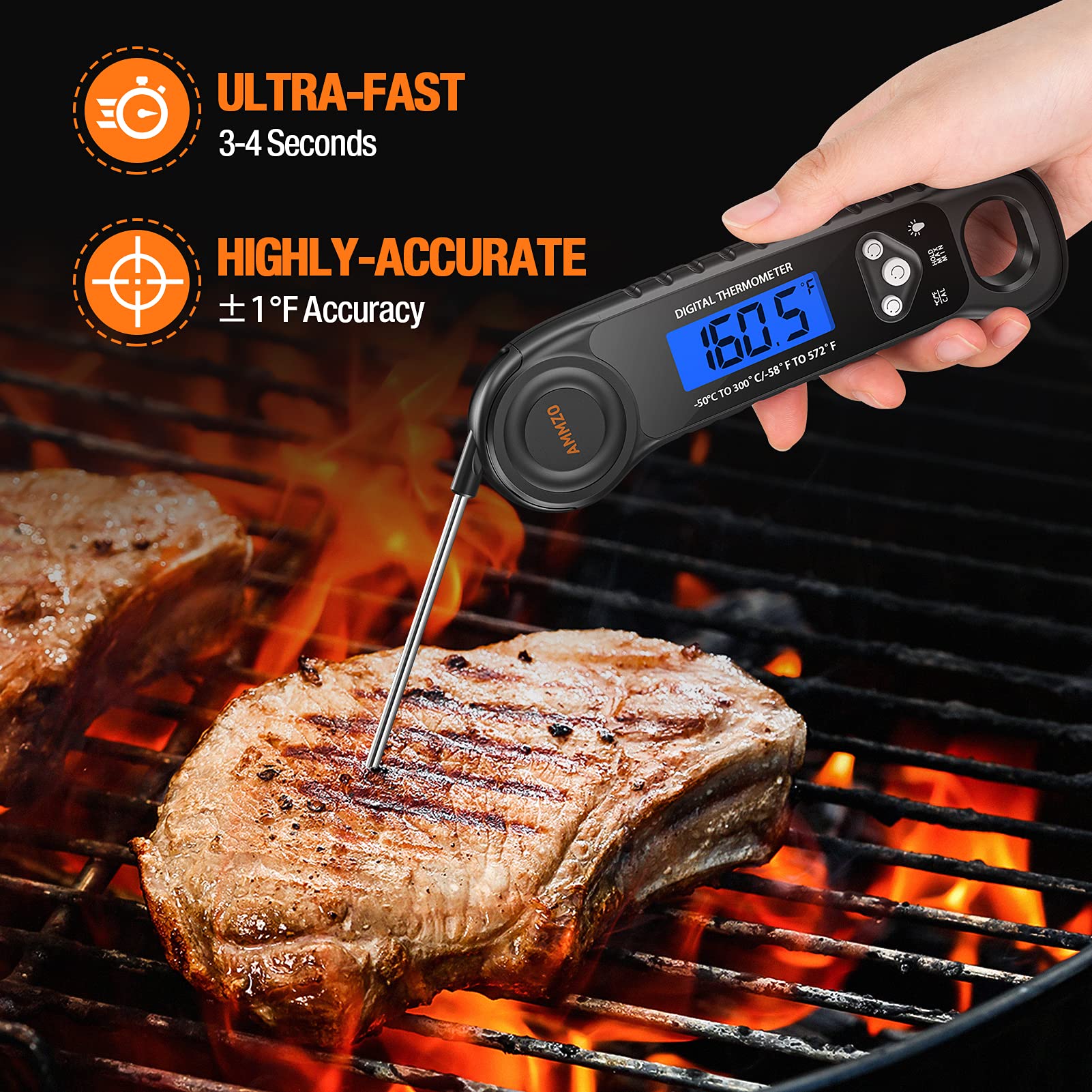 AMMZO Meat Thermometer Digital, Candy Thermometer Food Thermometer Instant Read Thermometer Waterproof with Backlight for Cooking, Deep Fry, BBQ, Grill, Smoker and Roast