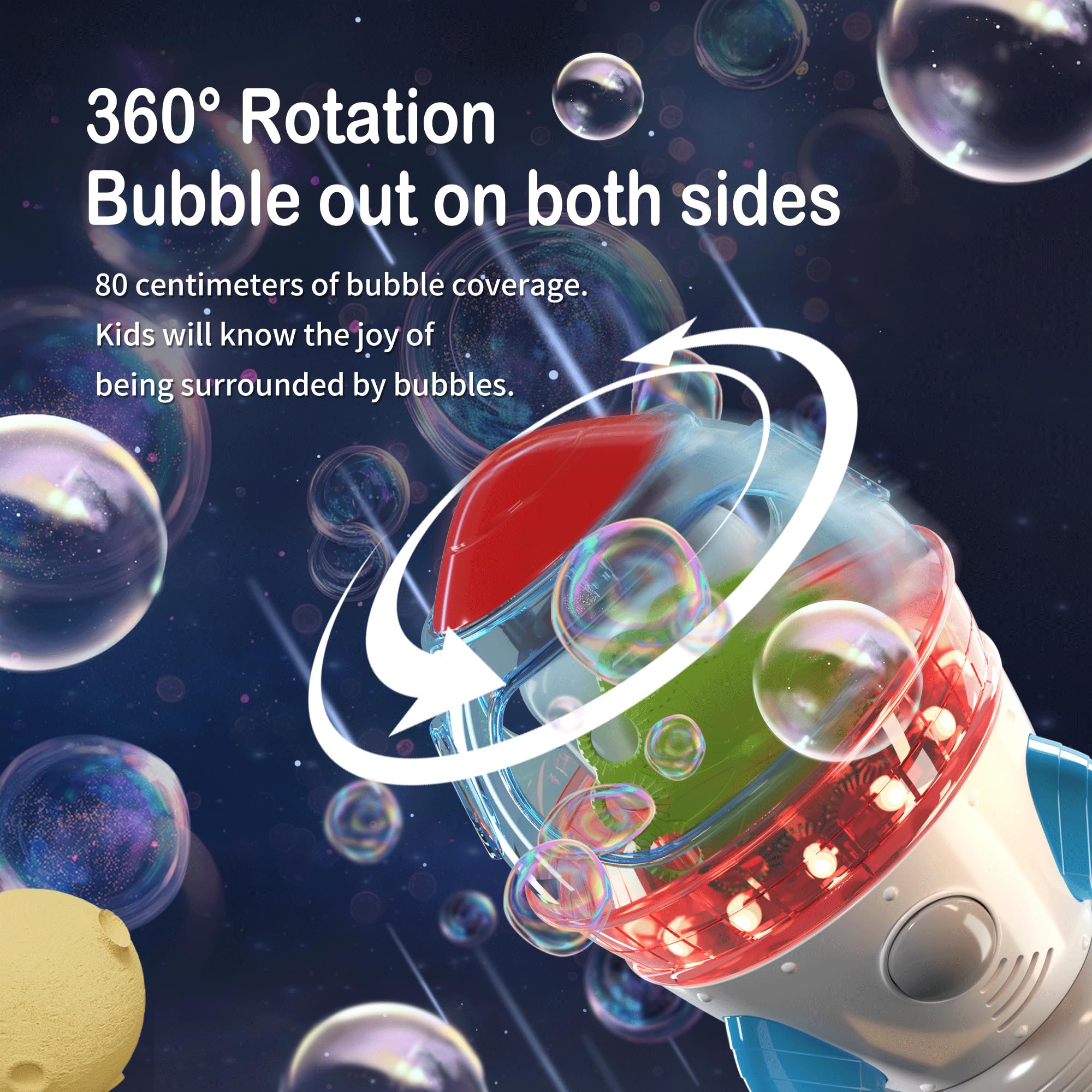 Bubble Machine, Automatic 360° Rotatable Rocket Bubble Blower Machine with 2 Fans Lights Music for Kids Toddlers 1-3 Bubble Maker Machine for Indoor Outdoor Wedding Party Birthday Gifts