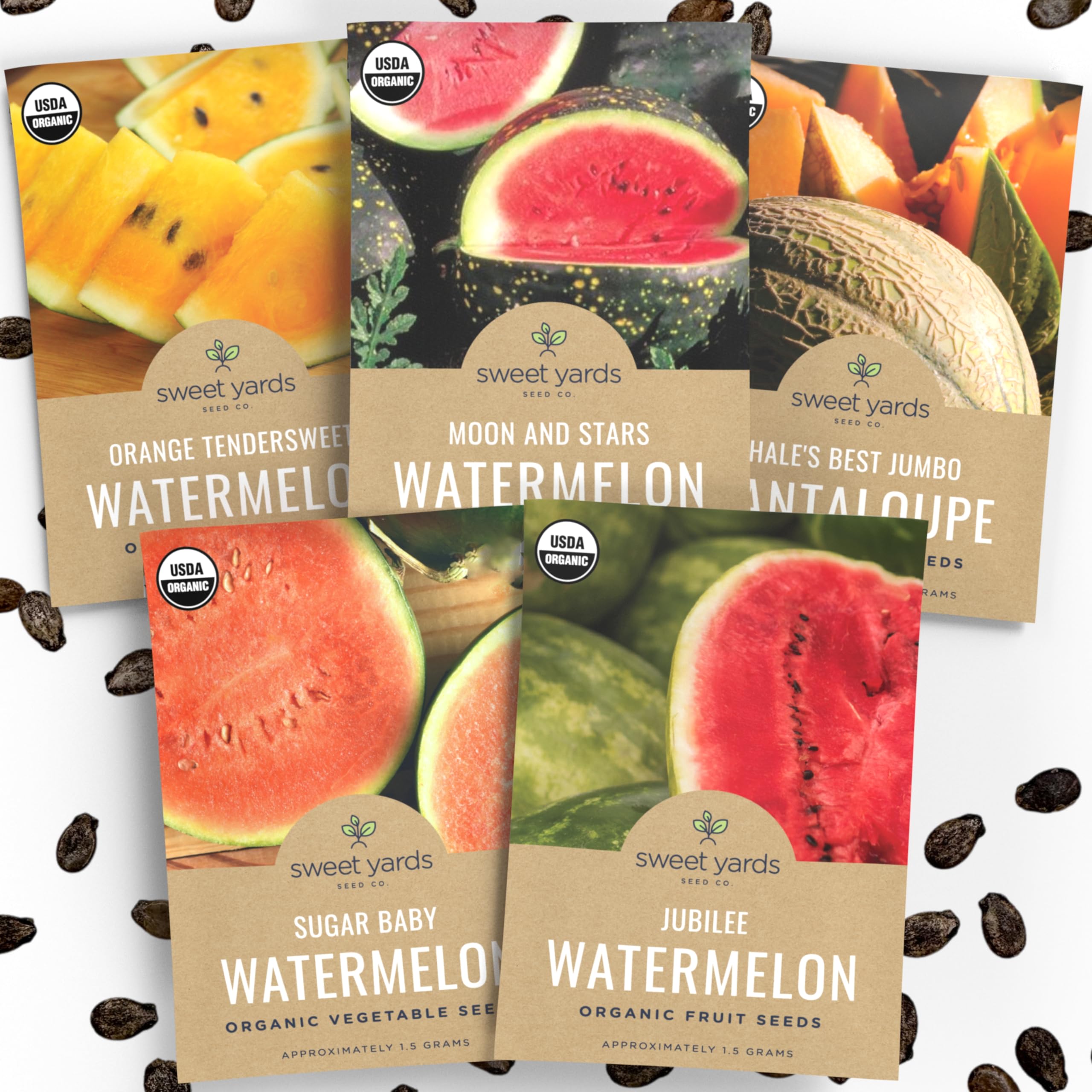 Organic Melon Medley Garden Seeds Variety Pack- Watermelons and Cantaloupes - Non-GMO USDA Certified Organic Open Pollinated Heirloom USA Fruit Seed Packets