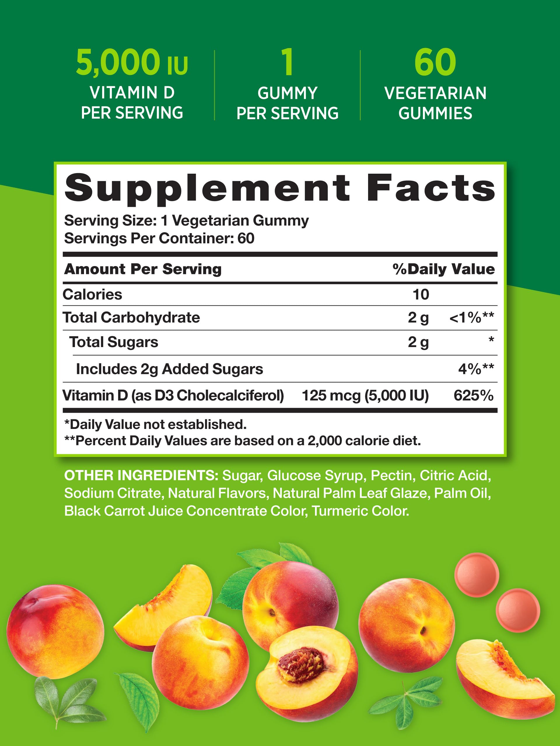 Nature's Truth Vitamin D3 Gummies | 5000 IU | 60 Count | Peach Flavor | Vegetarian, Non-GMO & Gluten Free Supplement