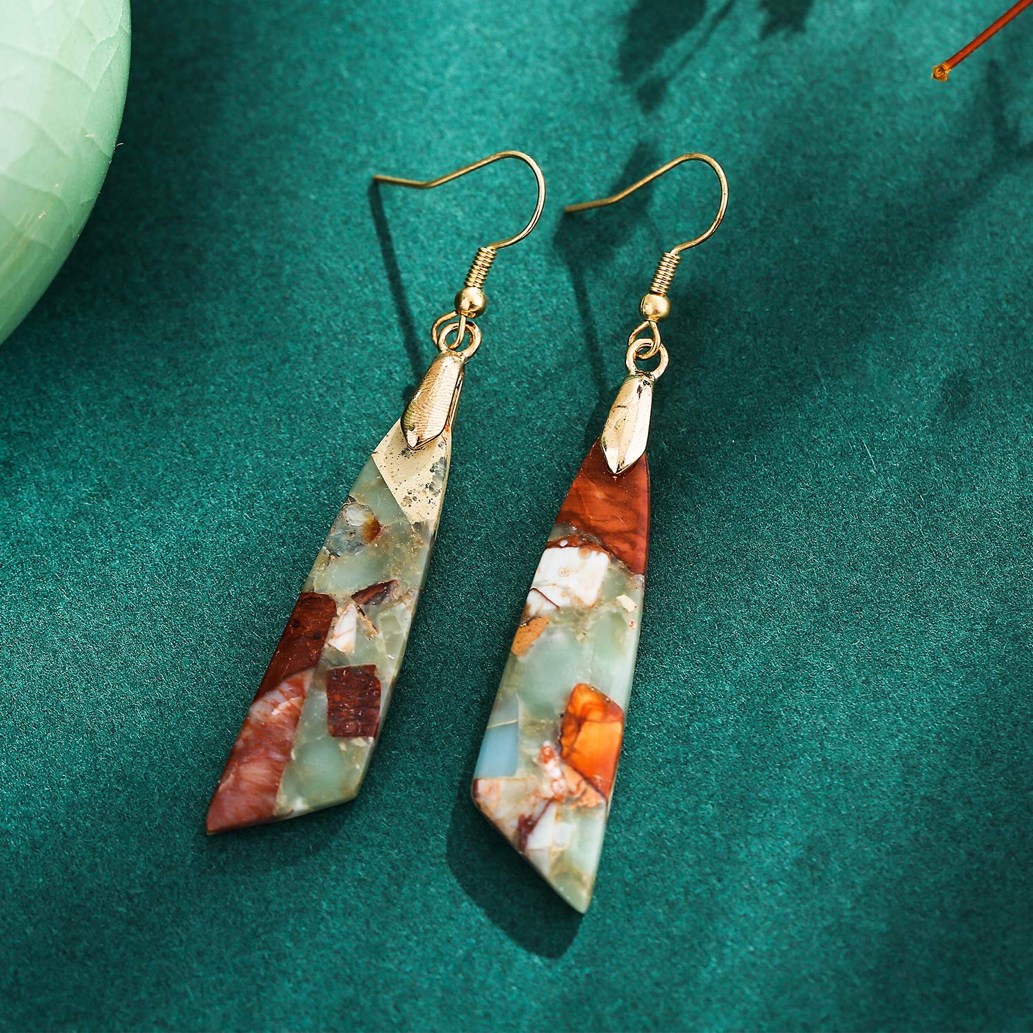 Brass Boho Handmade Agalmatolite Stone Dangle Earrings for Women