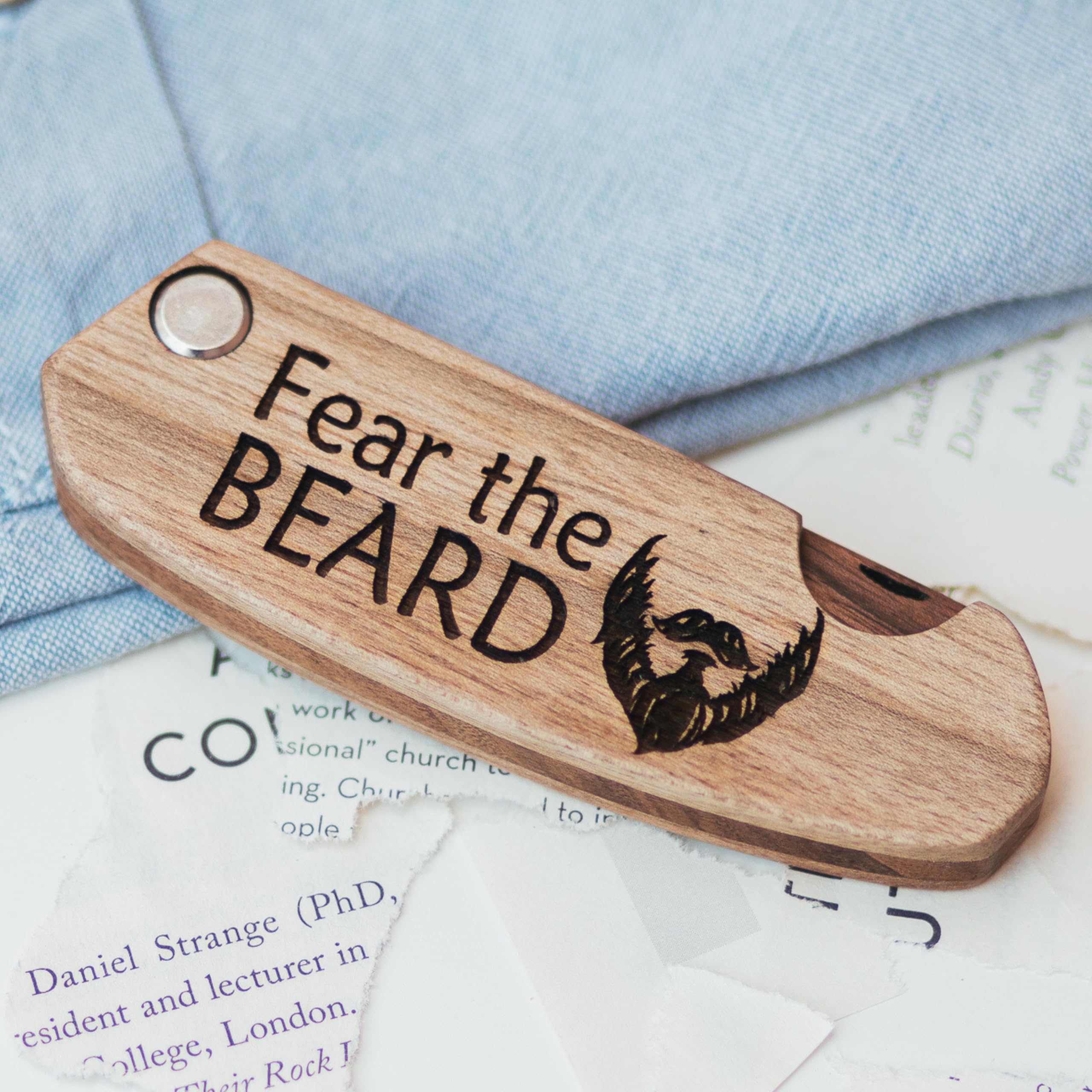 Beard Comb Gifts for Him Wooden Comb for Men Folding Pocket Comb for Moustache Beard Hair Walnut Combs Husband Anniversary Gift with the Engraving (Fear The Beard) (Model FTB)