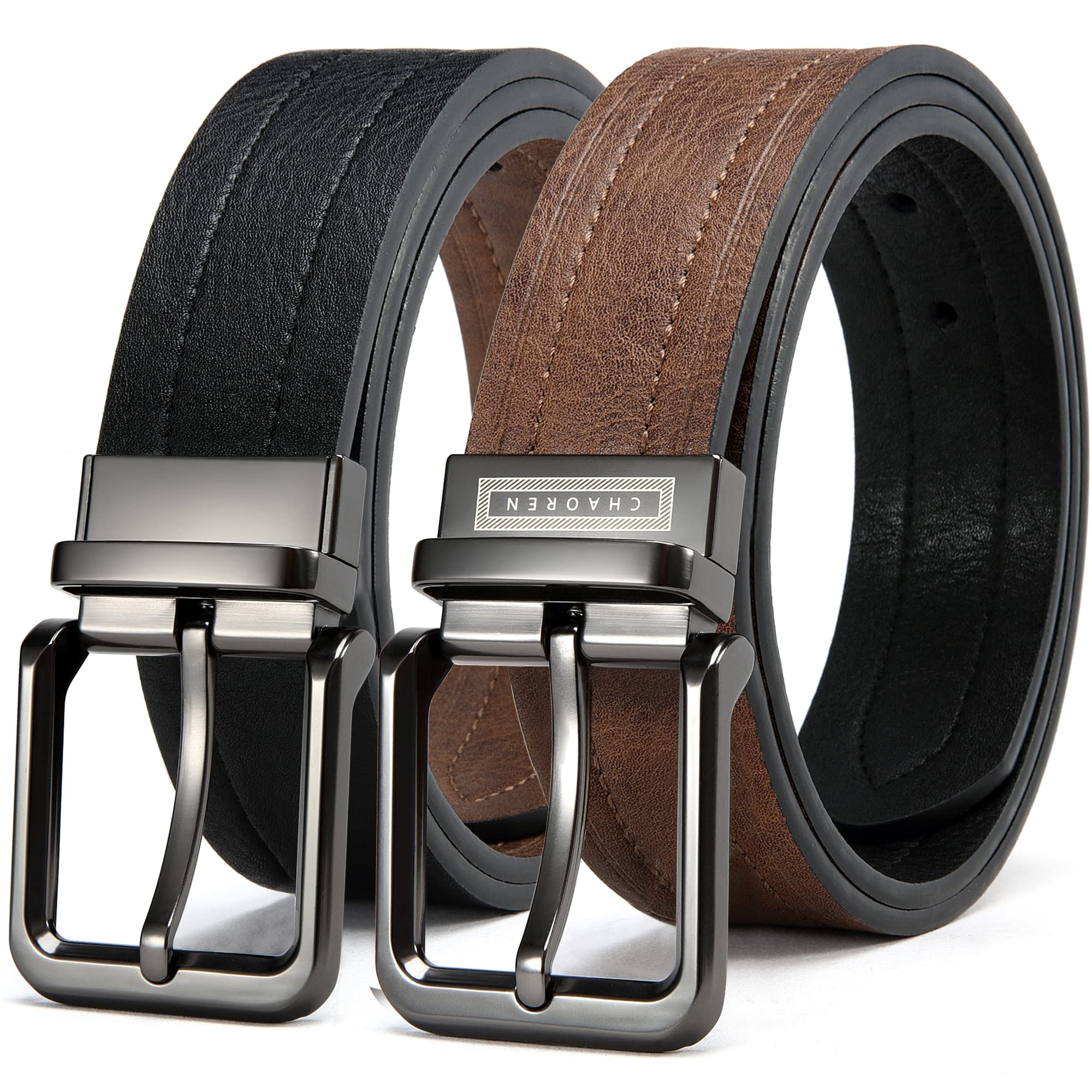 CHAOREN Men's Reversible Casual Belt - 2-in-1 Brown Belt, 1 1/2" Width for Jeans - Effortless Rotating Buckle