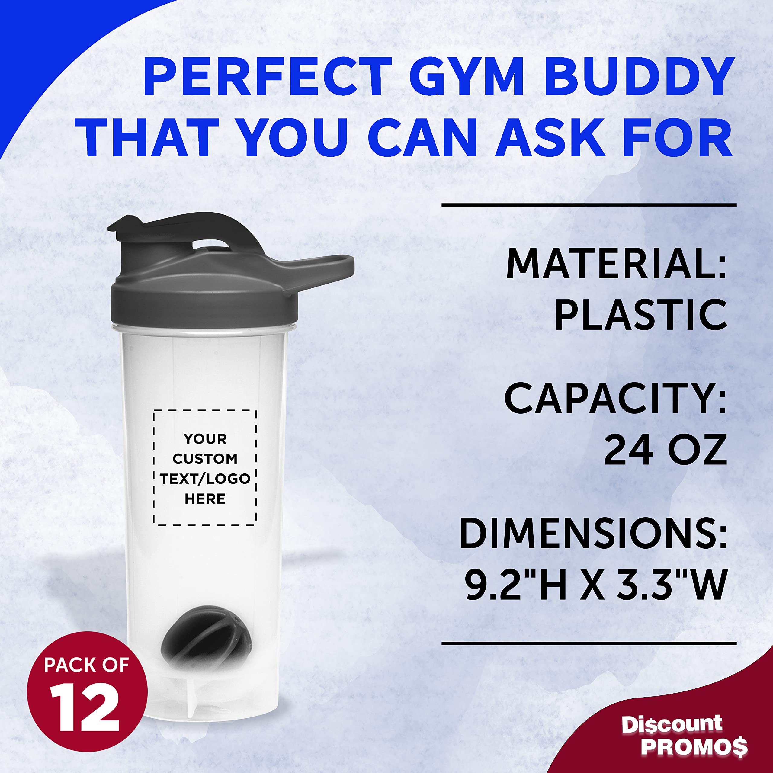 DISCOUNT PROMOS Custom Plastic Shaker Bottles with Mixer 24 oz. Set of 12, Personalized Bulk Pack - Perfect for Protein Shake, Smoothie and More! - Black