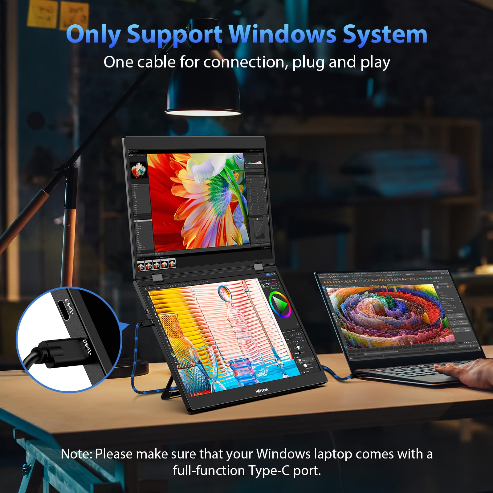 HotYeah Triple Laptop Screen Extender, 15.6" 1080P FHD IPS Folding Stacked Portable Dual Monitor, USB C Travel Extended Computer Display w/VESA, 180°Rotation, Plug & Play for Laptops (Windows Only)