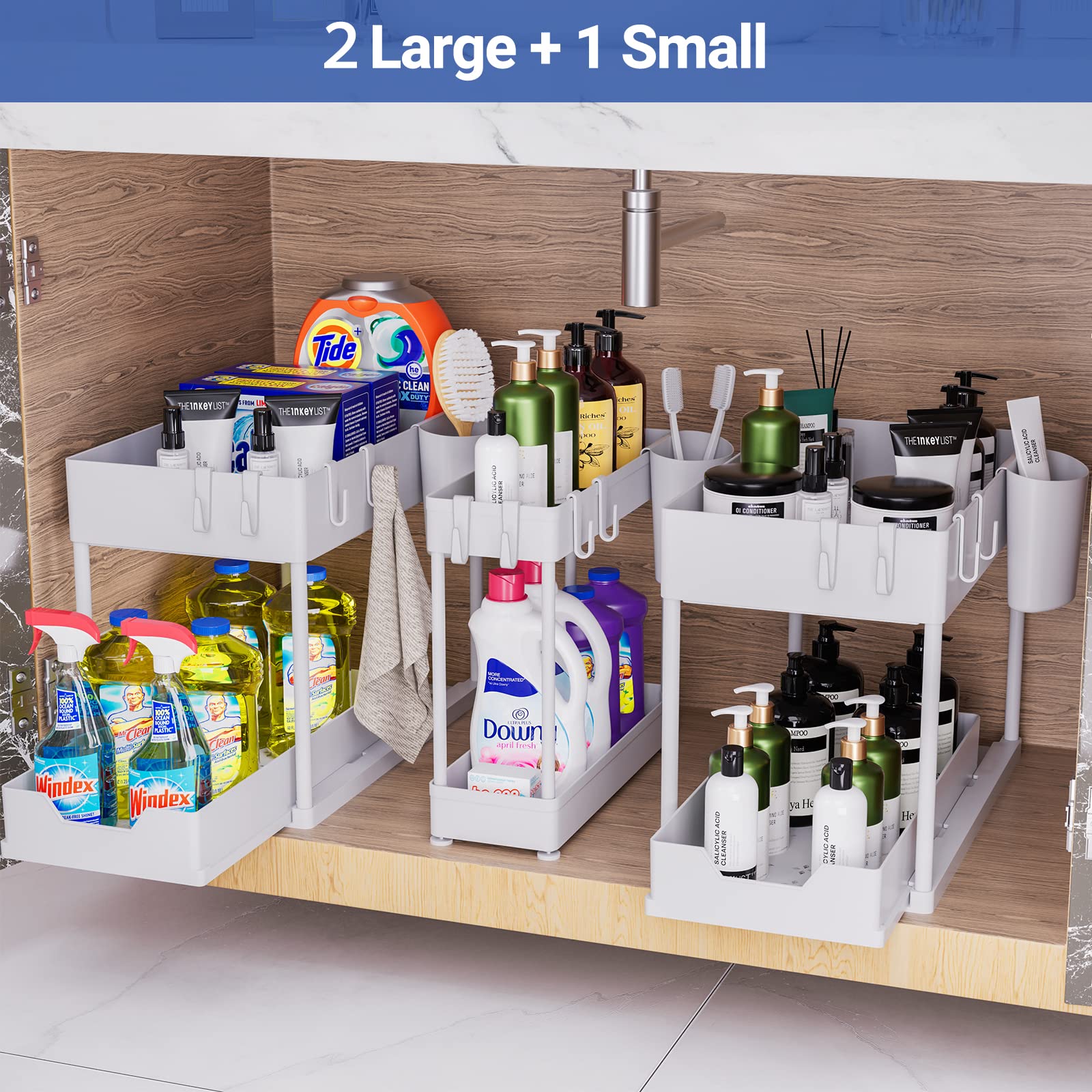 Puricon 3 Pack Under Sink Organizer, Pull Out Under Sink Storage for Kitchen, 2 Tier Sliding Under Sink Organizers and Storage Bathroom Under Cabinet Shelf for Cleaning Supplies -White