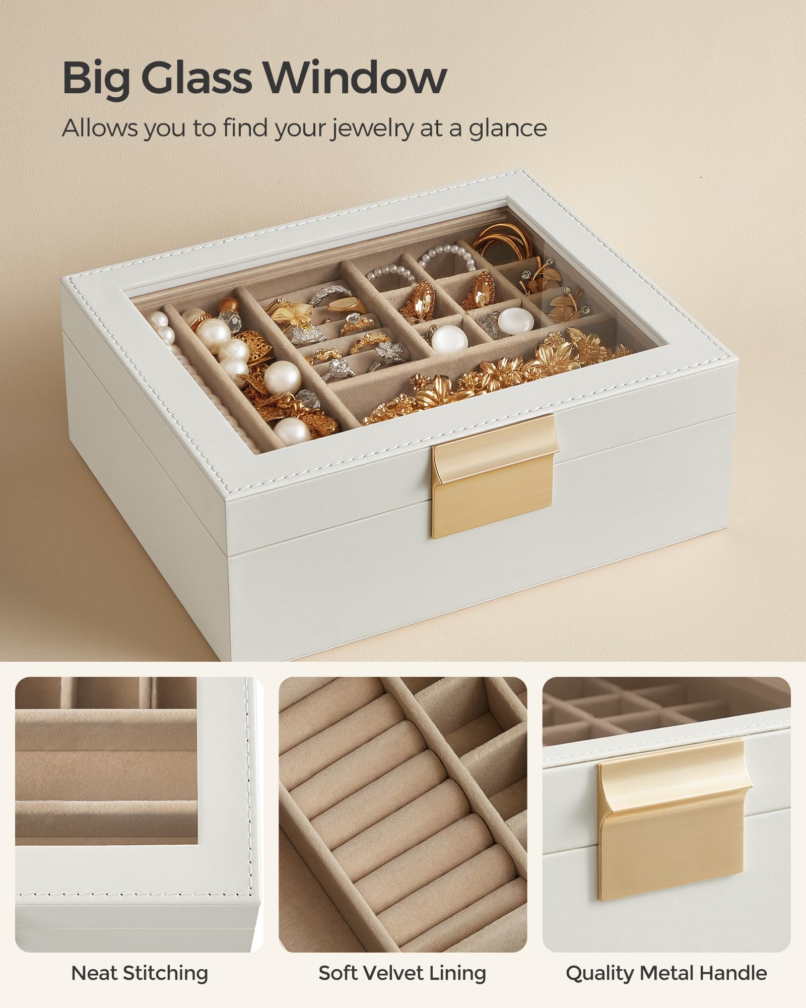 SONGMICS Jewelry Box with Glass Lid, 2-Layer Jewelry Organizer with Removable Tray, Jewelry Storage, Modern Style, Gift for Loved Ones, Cloud White and Metallic Gold UJBC238W01