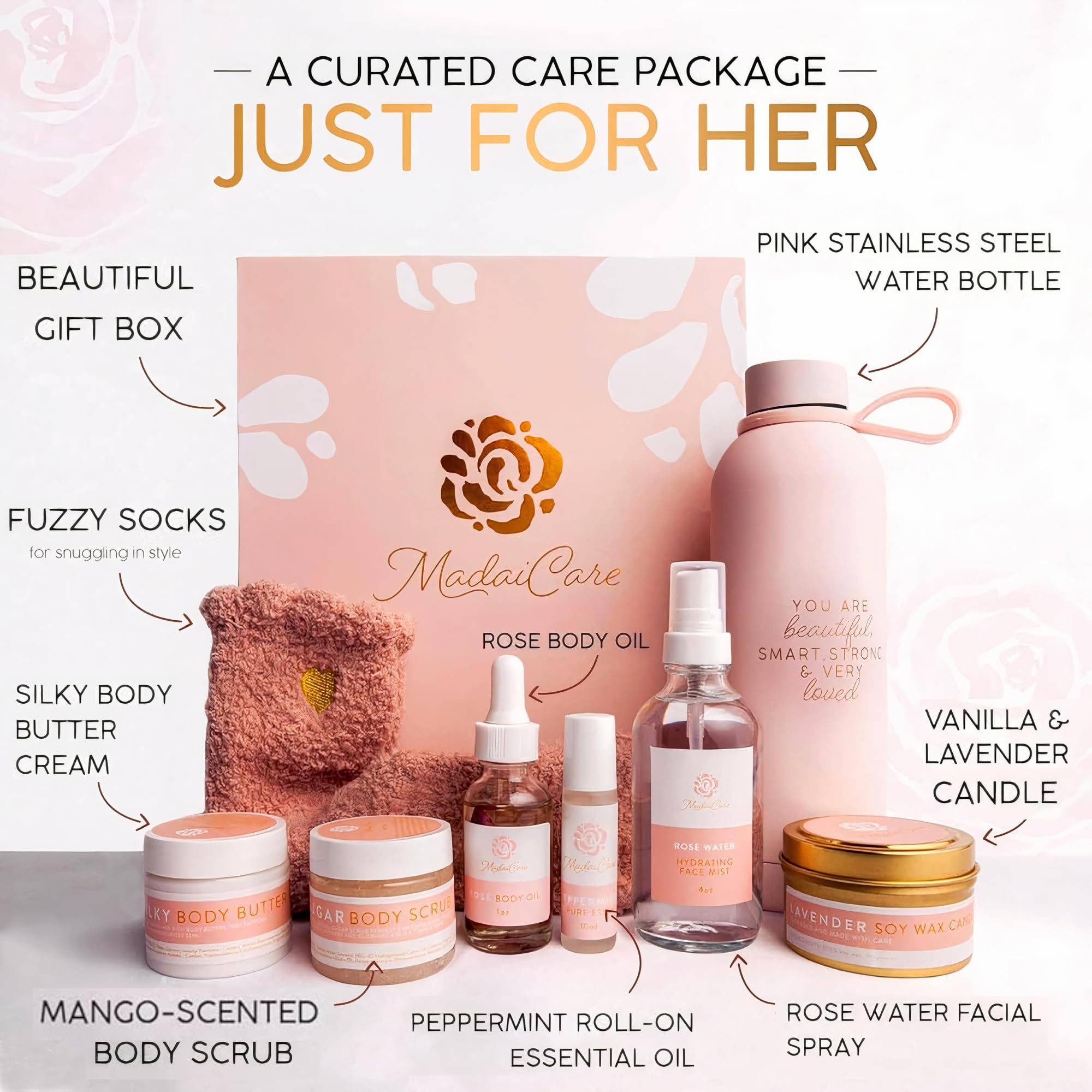 Luxury Spa Gift Basket for Women - Relaxing Self Care Kit with Body Scrub & Cream, Facial Mist, Scented Candle & More - Perfect Birthday Gift For Women - Box Set of 9 Pcs