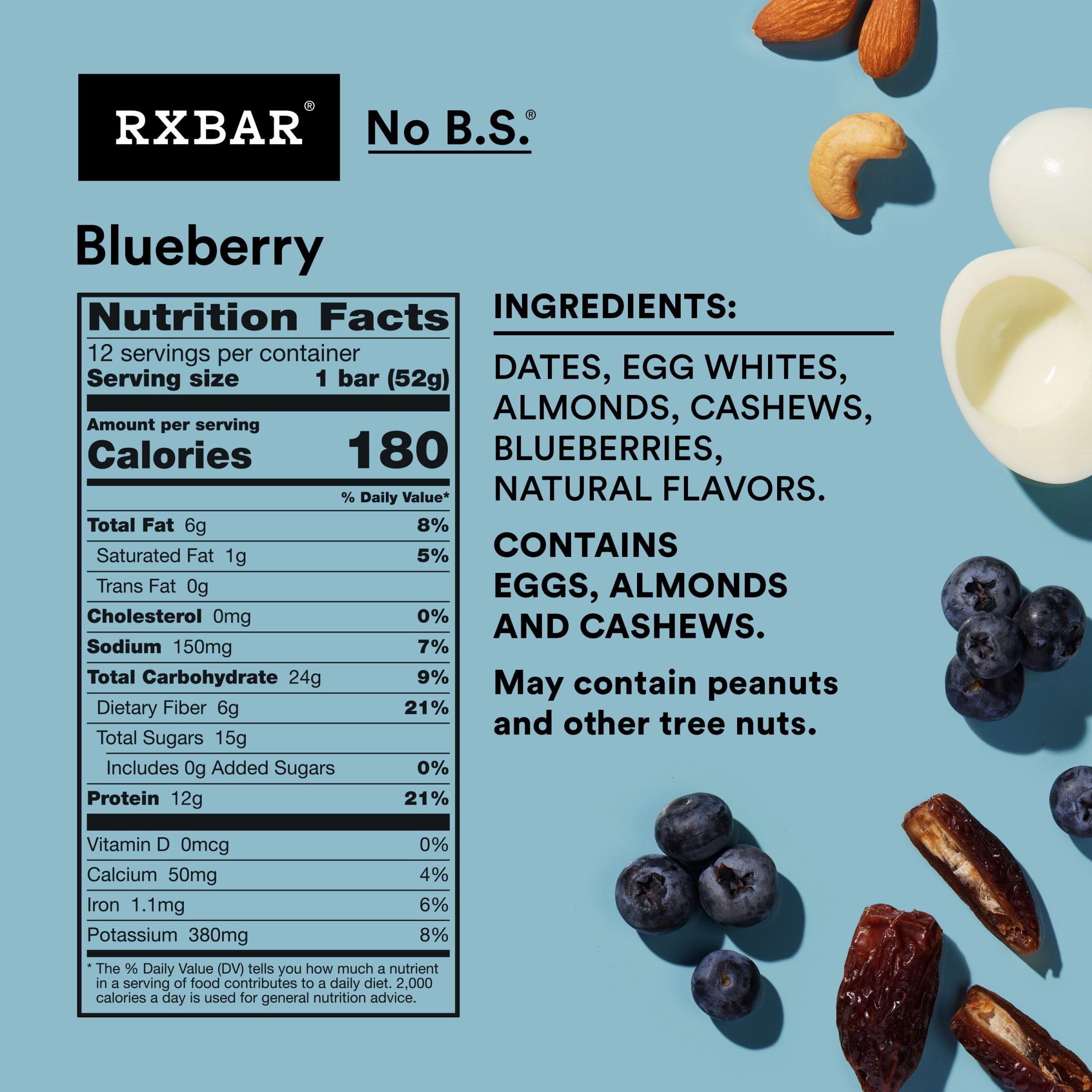 RXBAR Protein Bars, Protein Snack, Snack Bars, Blueberry, 22Oz Box (12 Bars)