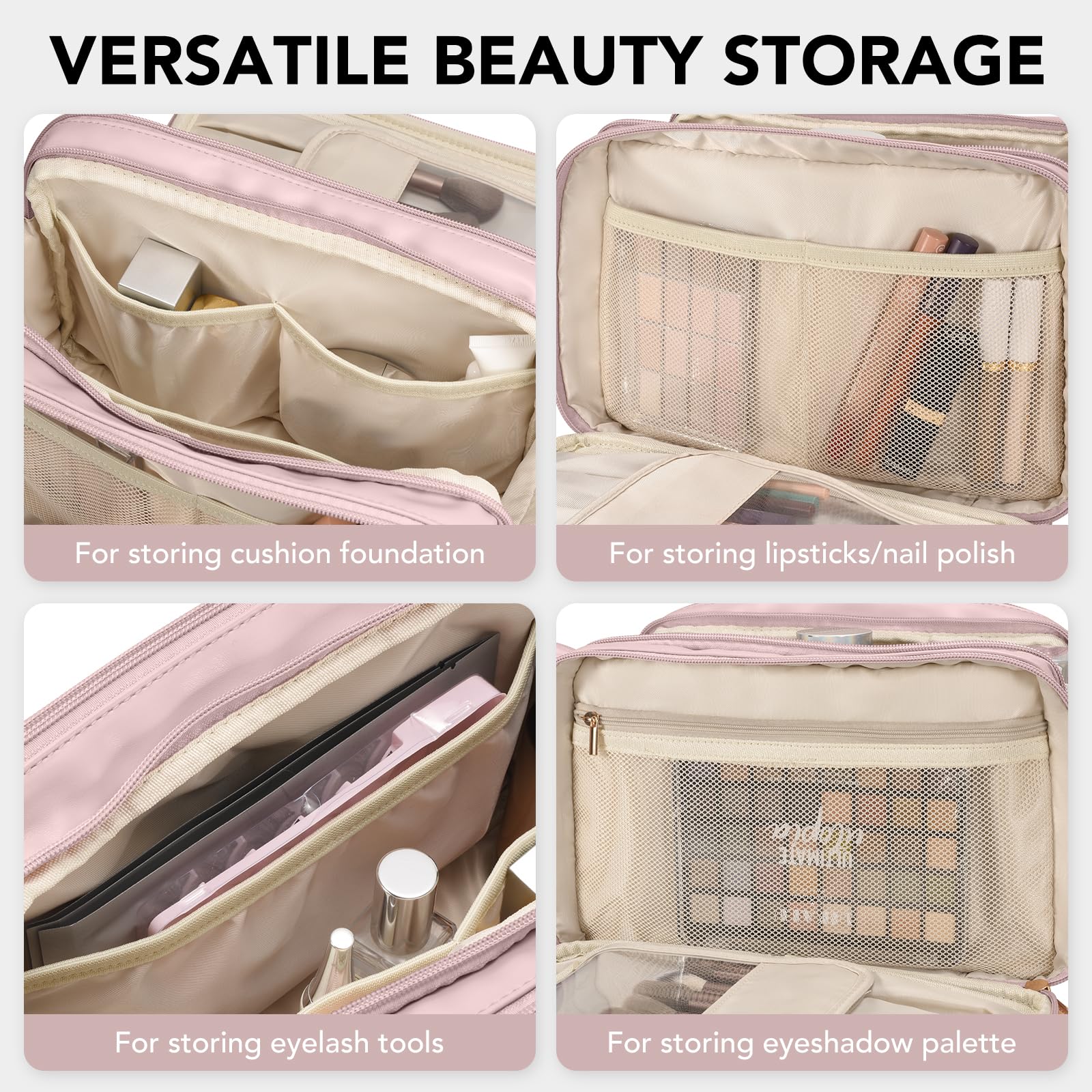 Travel Makeup Bag Women's Large Capacity Cosmetic Portable Organizer Large Opening Waterproof Storage Toiletry Bags Vertical Free-Standing Brush Holder for Easy Access Pink