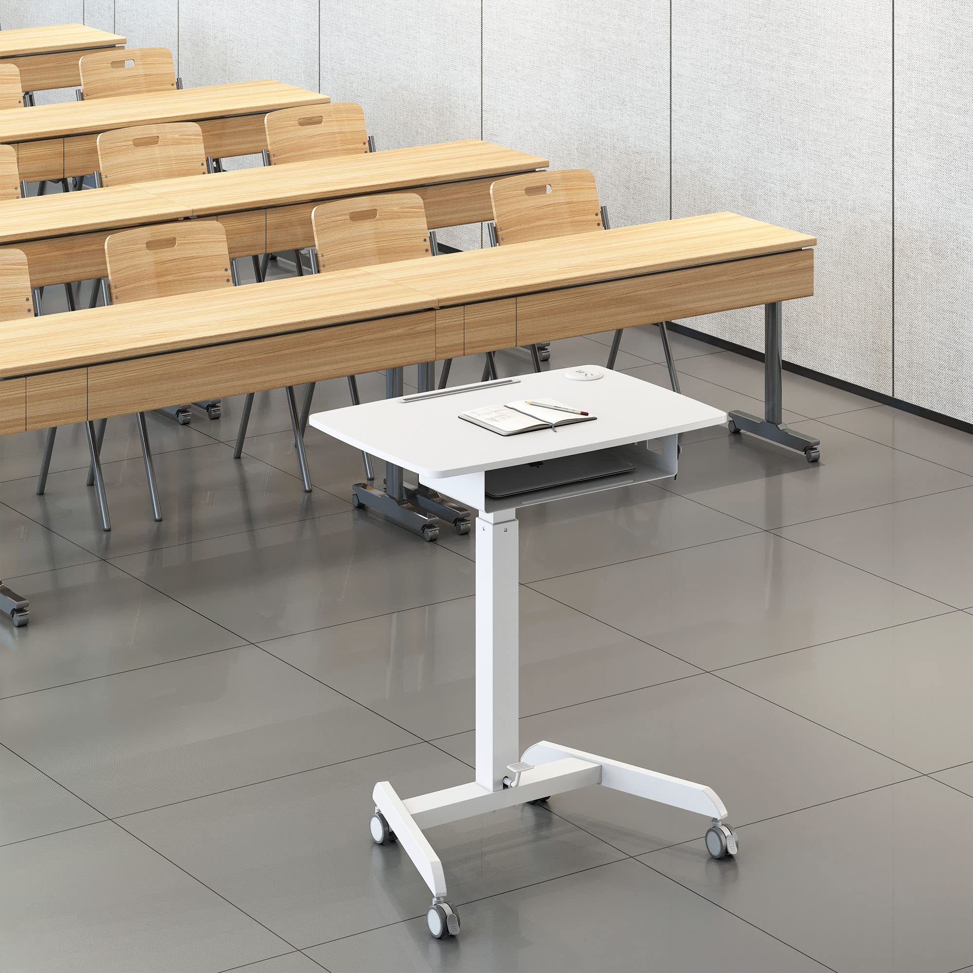 Stand Steady Cruizer™ Mobile Podium with UL Safety Certified Power Outlets | 31in Height Adjustable Student Desk with Built-In Storage | Portable Standing Desk | Rolling Laptop Desk (White/31 x 22in) 