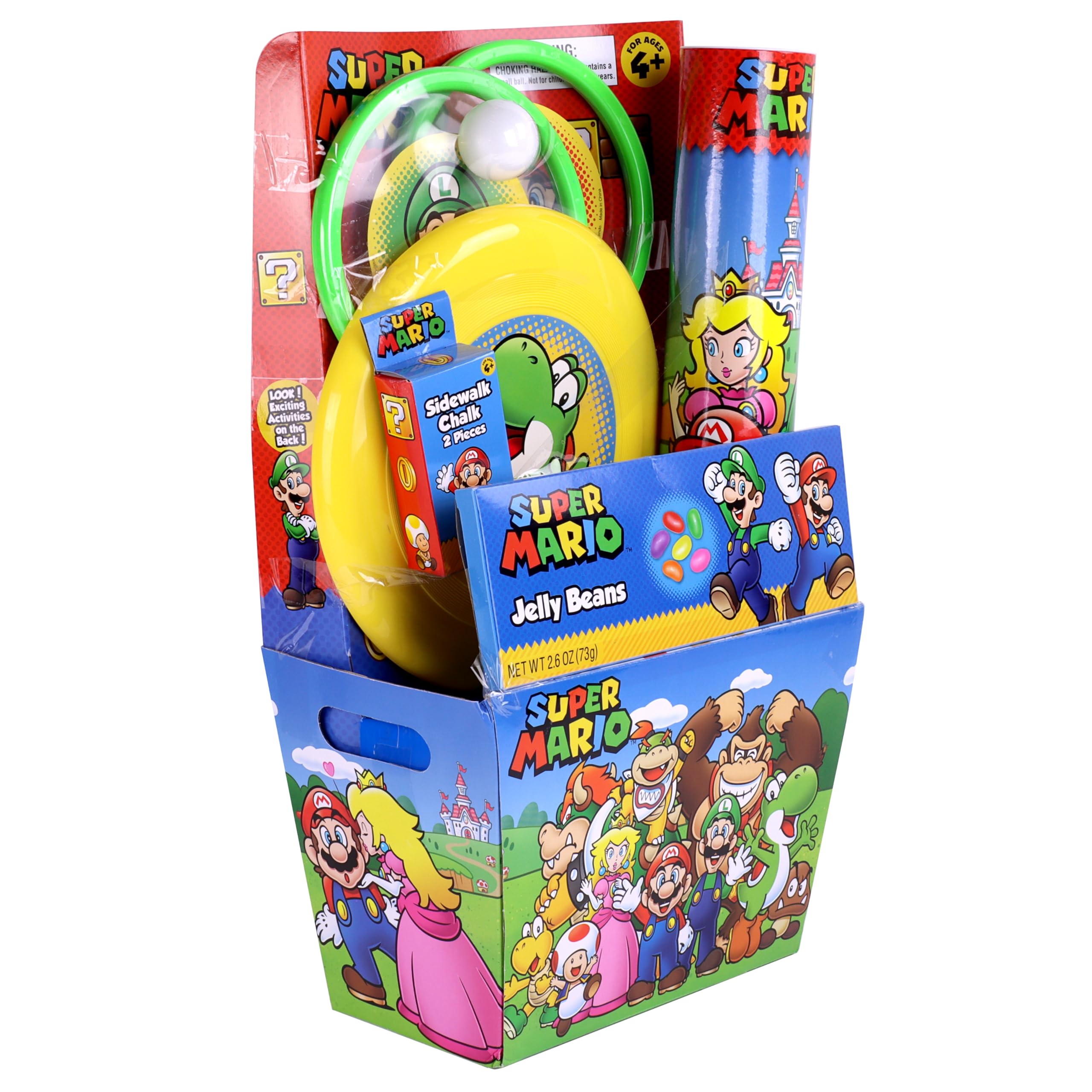 Mario Prefilled Gift Basket with Toys, Jelly Beans Candy and Bonus Mario Tube Topper for Kids, Tweens, Teens