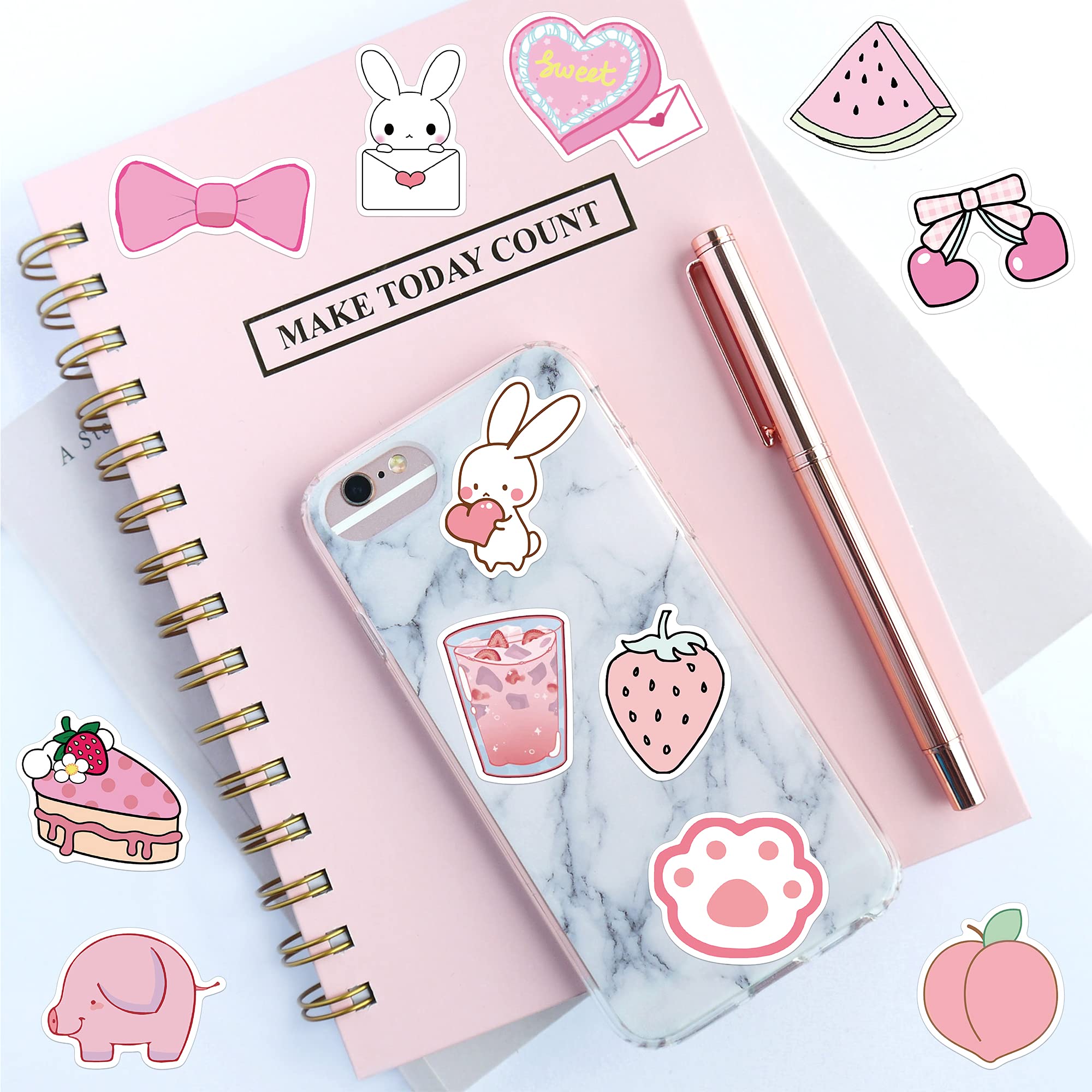 LANKEME 50PCS Cute Kawaii Stickers for Water Bottles, VSCO Pink Stickers for Laptop Aesthetic Stickers Gift for Kids Teens Girls(Pink Rabbit)