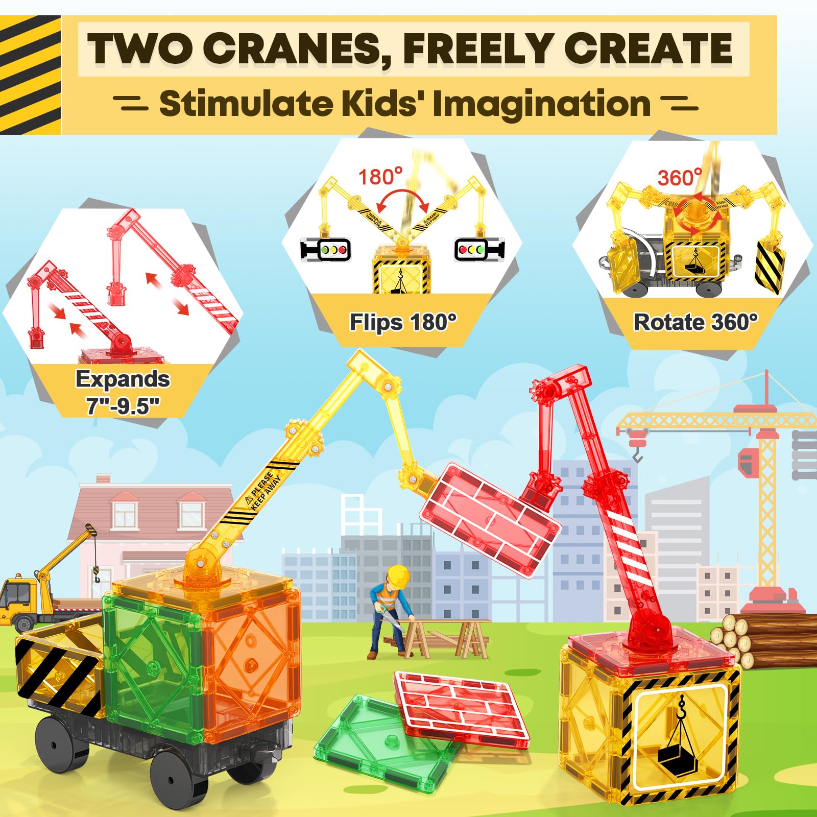 Kids Games Magnetic Tiles with 2 Cranes Construction Toys Set Sensory Toys for Boys Girls Ages 3-6 5-7 8-13, Gifts for 3+ Year Old Boys Girls Toddler Outdoor Kids Toys with Car