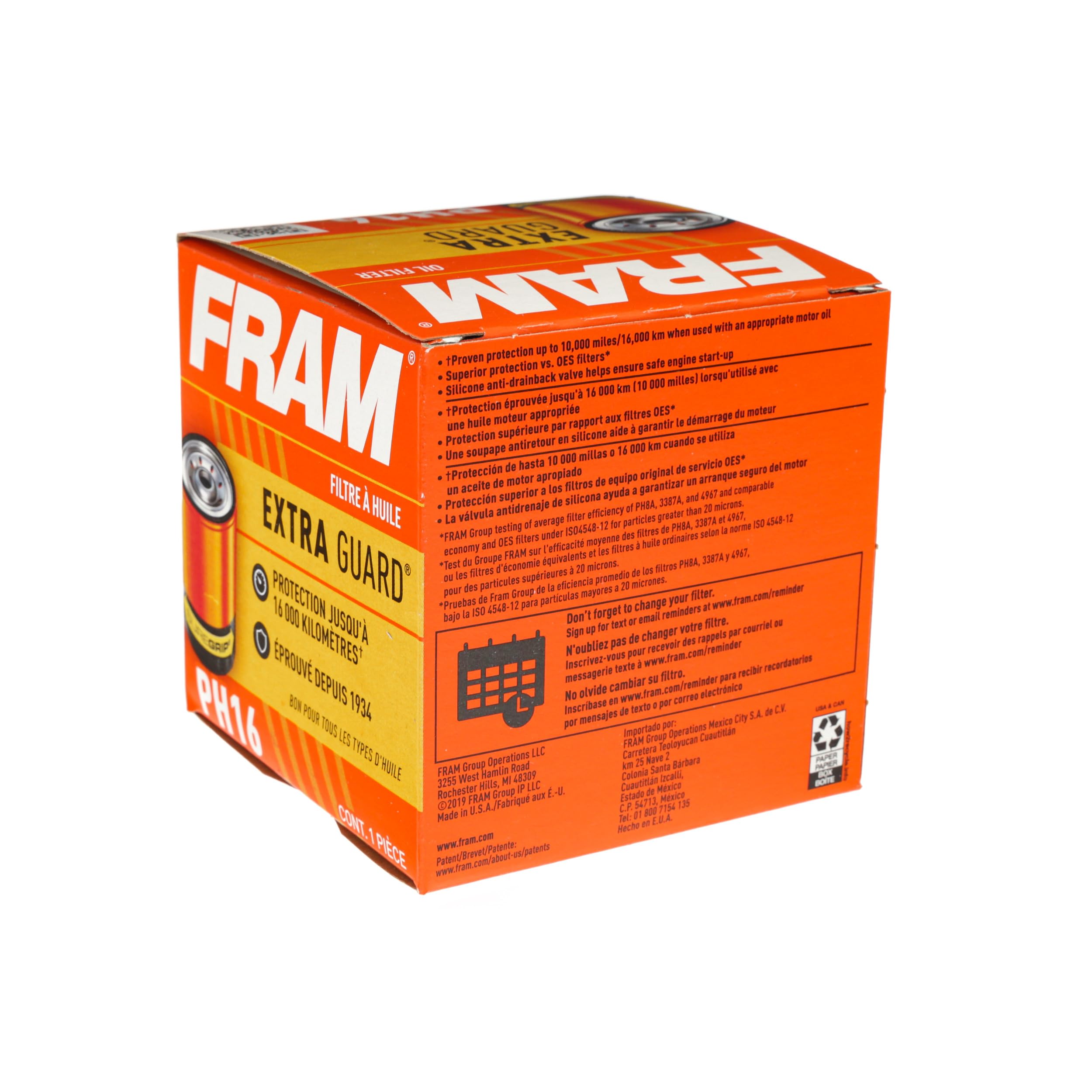 FRAM Extra Guard PH16, 10K Mile Change Automotive Replacement Interval Spin-On Engine Oil Filter for Select Vehicle Models