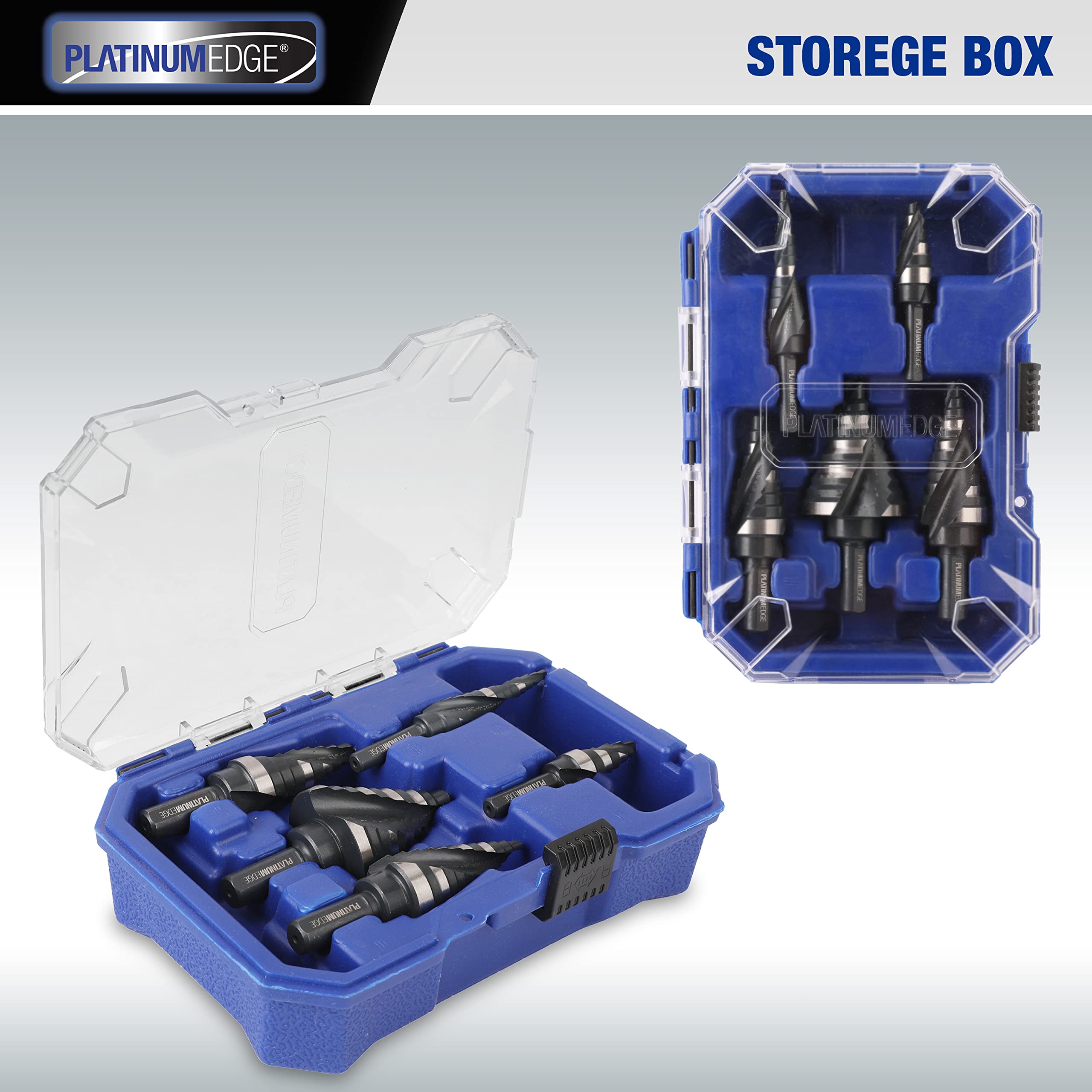 PLATINUMEDGE Step Drill Bits Set, 5 Pcs High Speed Steel Step Drill Bit for Sheet Metal, 50 Step Sizes Hole Drilling, Double Flute Cutting Blades, Nitride Black Coating and Polished, Storage Box