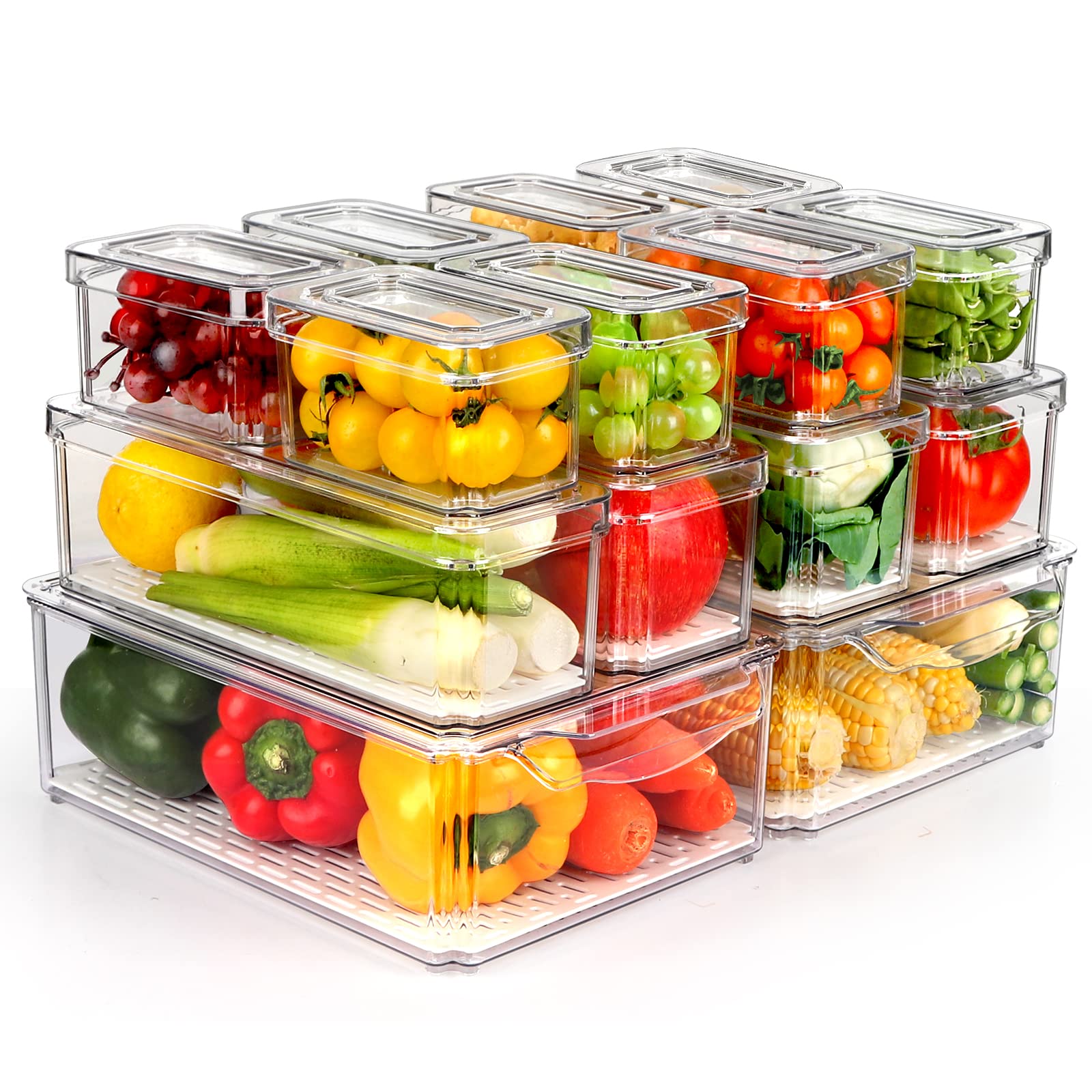 ZIJUND 14 Pack Fridge Organizer, Stackable Refrigerator Organizer Bins with Lids, BPA-Free Fridge Organizers and Storage Containers for Fruit, Vegetable, Food, Drinks, Cereals, Clear