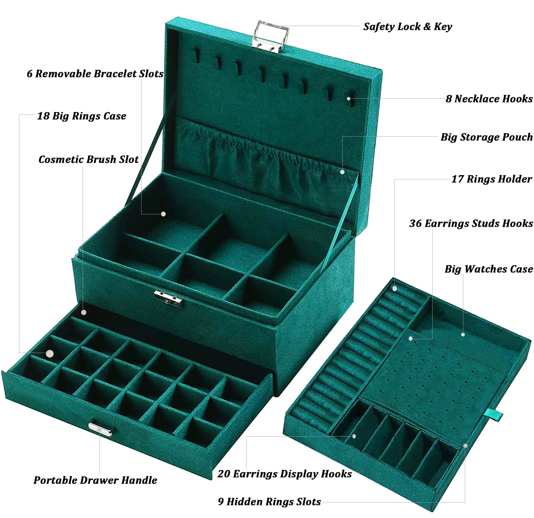 QBestry Jewelry Boxes for Women Earrings Jewelry Box Organizer for Women Green Jewelry Organizer with Lock,Velvet Jewelry Storage Box Jewelry Holder Organizer Jewelry Box for Necklace and Earring Ring