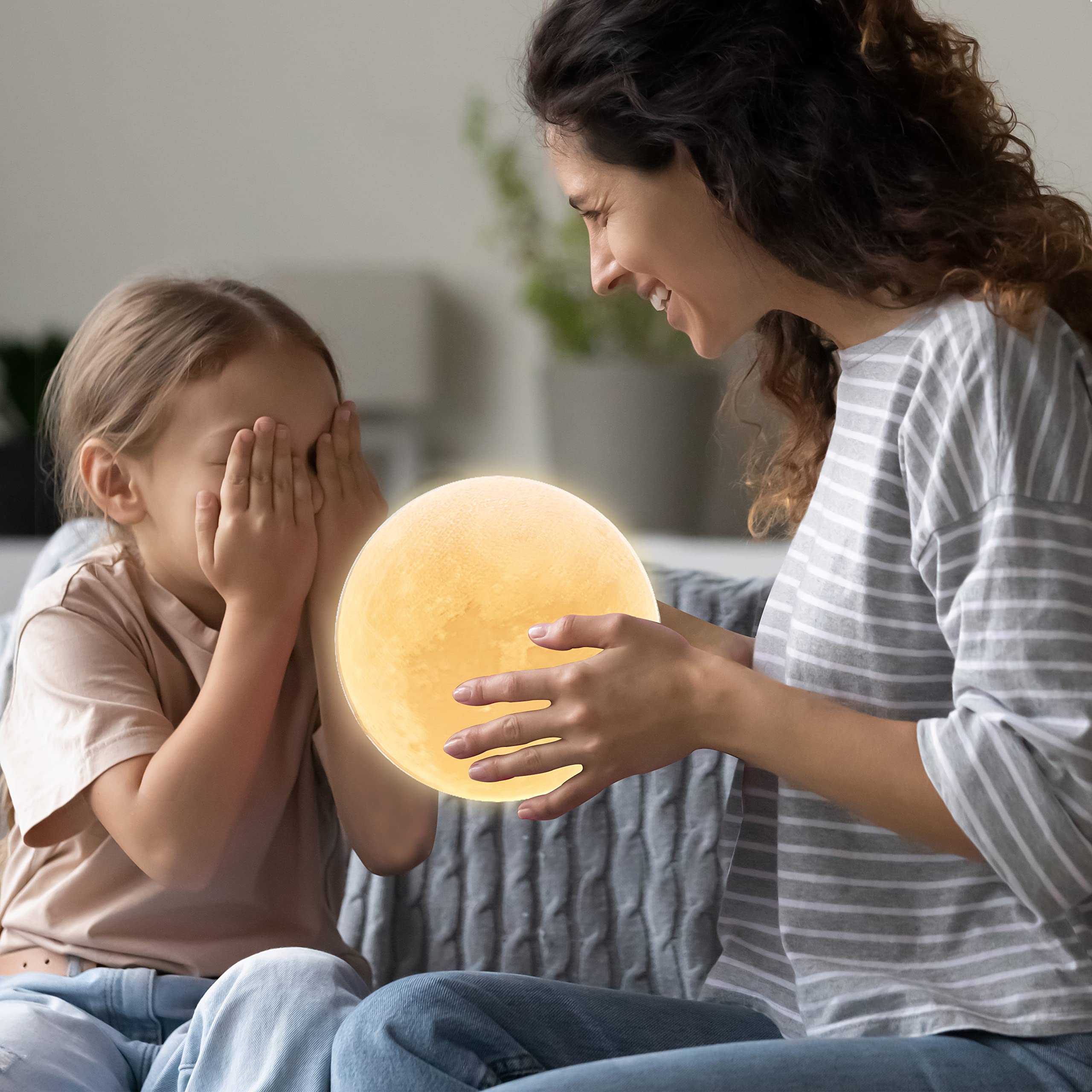 Mydethun 3D Moon Lamp with 5.9 Inch Wooden Base - Valentine's Day Gift, LED Night Light, Mood Lighting with Touch Control Brightness for Home Décor, Bedroom, Women Kids Moonlight - White & Yellow