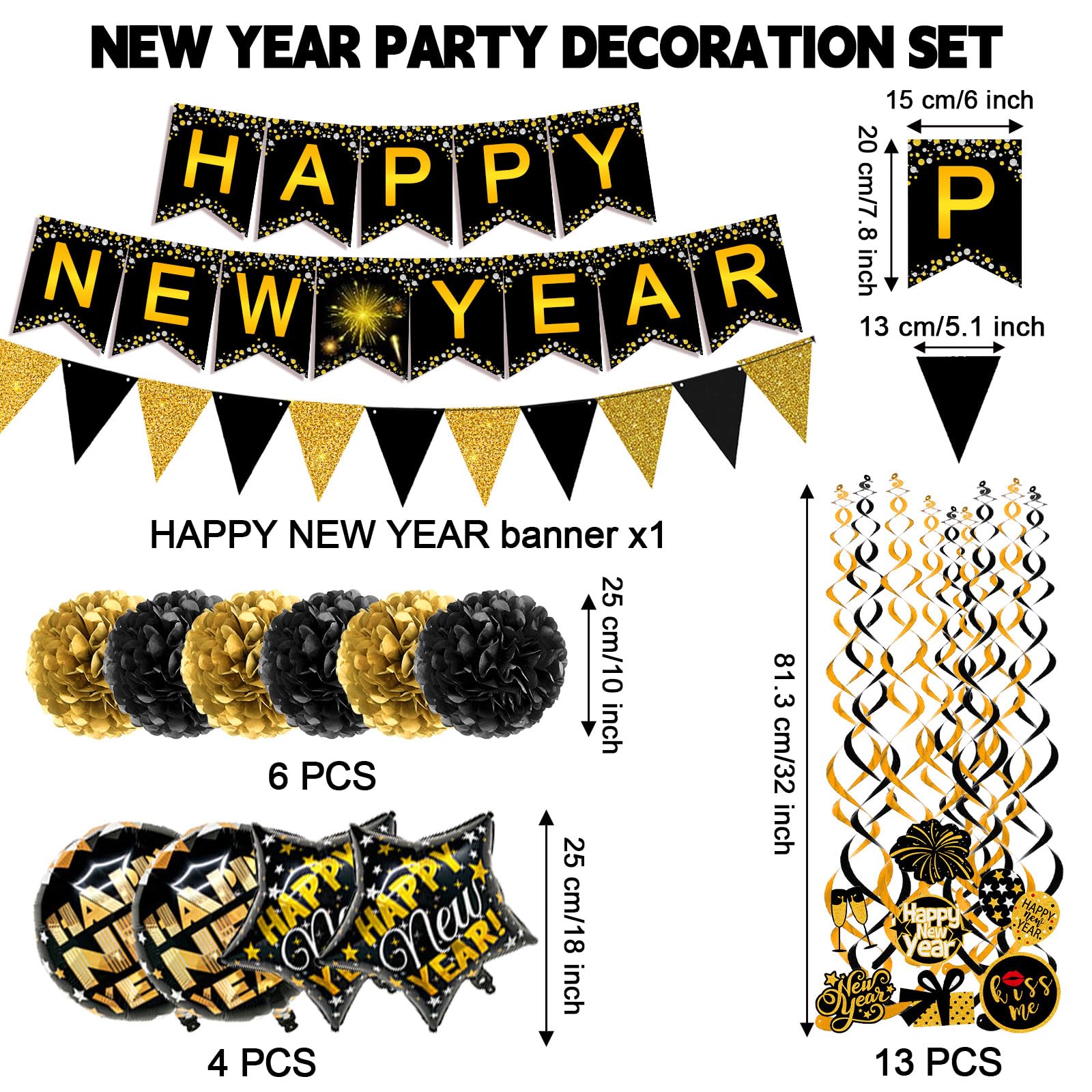 Famoby HAPPY NEW YEAR Paper Banner Triangle Flag Bunting Pom poms Swirls Streamers & Balloons for New year Party Decoration