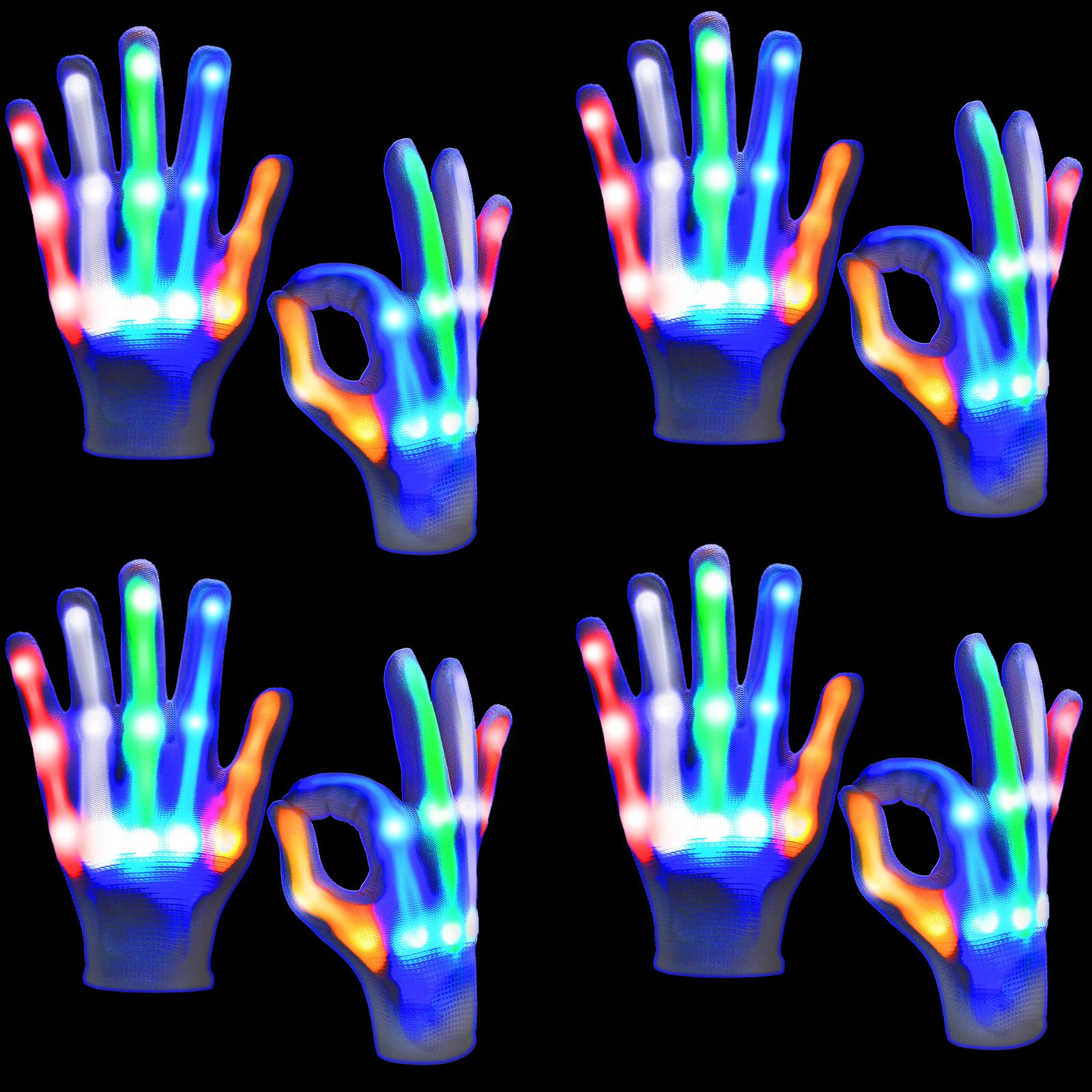 4 Pairs Light Gloves Glow in The Dark Gloves LED Flashing Light Gloves for Halloween Christmas Birthday Parties(Adult Size)