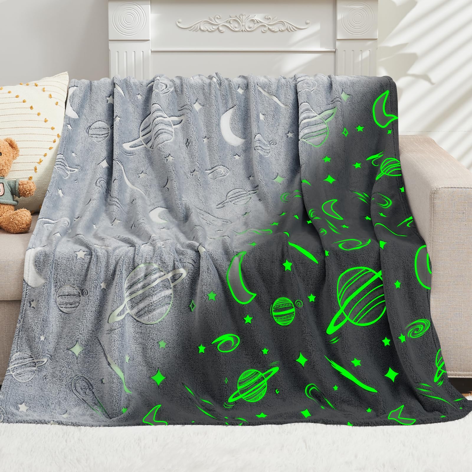 inhand Glow in The Dark Stars Blanket for Girls Boys Cute Kids Throw Blanket Funny Space Moon Galaxy Blanket Gaming Room Decor Toys Birthday Gifts Ideas Stuff for 5-13 Years Old (50''x60'' Grey)