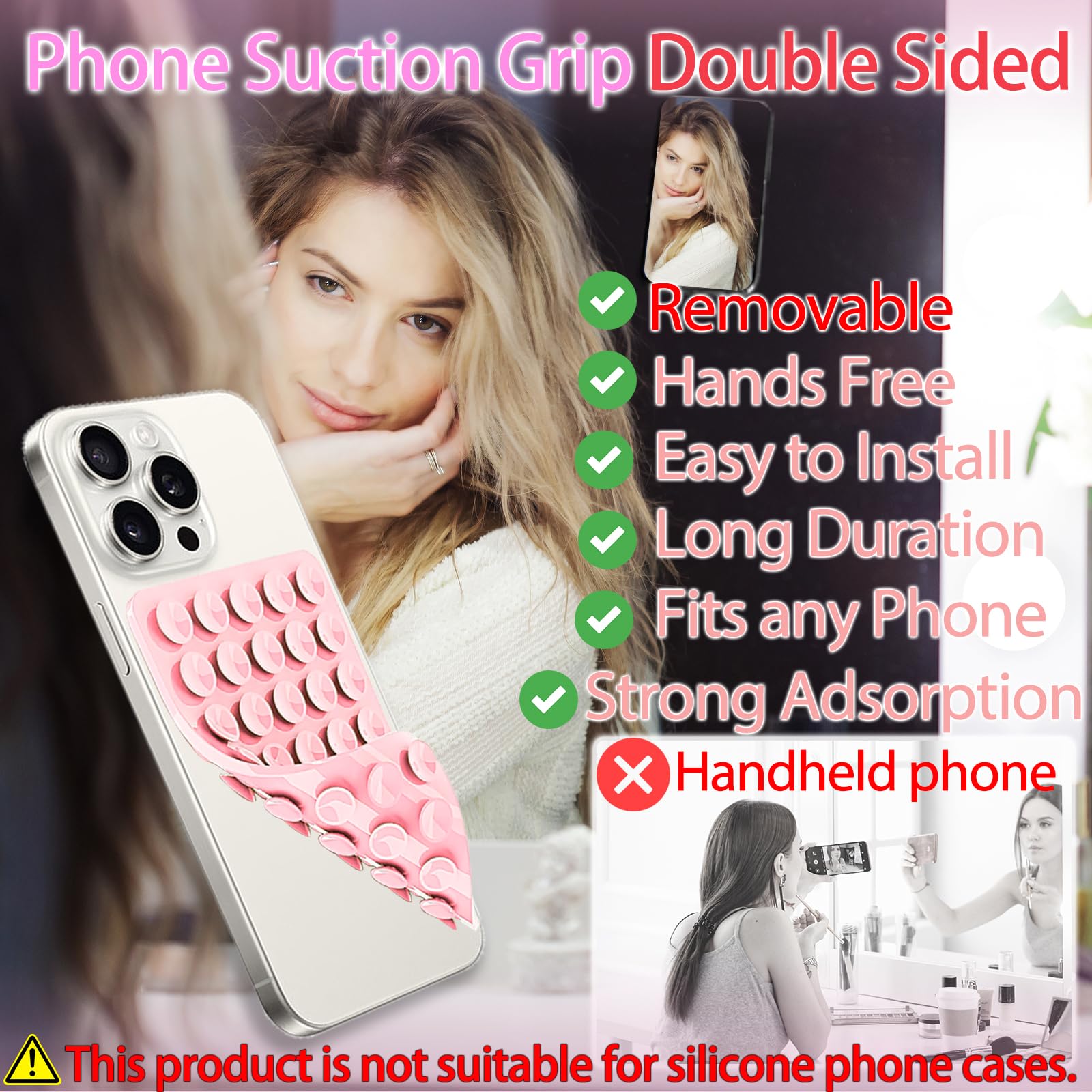 Yojaro Silicone Suction Cup Phone Case Mount Double Sided, Phone Accessories Hands-Free Strong Grip Holder for Selfies and Videos, Silicon Phone Stand for iPhone and Android Light Pink