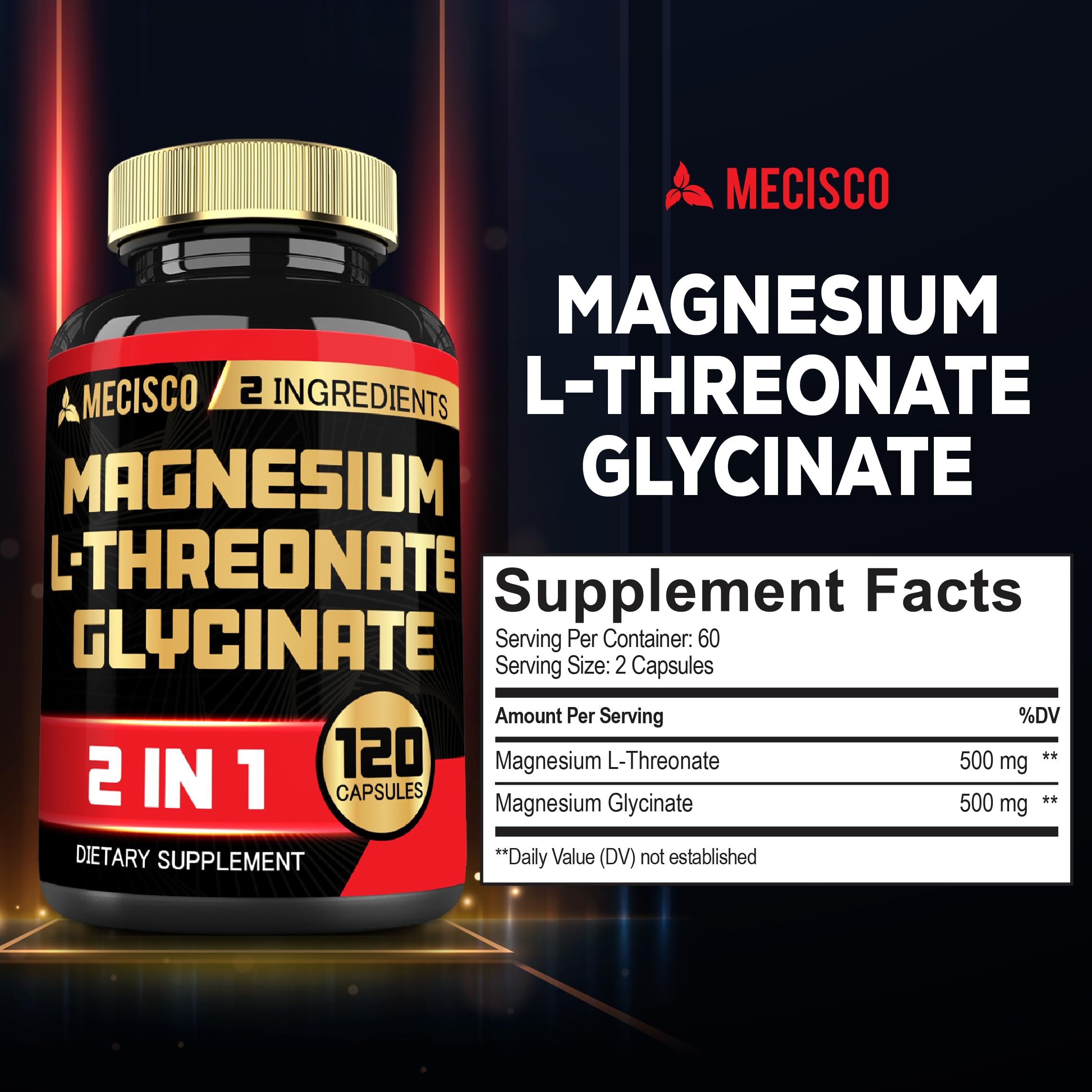 1000mg Magnesium L-Threonate with Magnesium Glycinate Supplement - Support for Comfortable Mood, Muscle Growth, Bone Health & Heart Health - 120 Capsules for 2-Month Supply