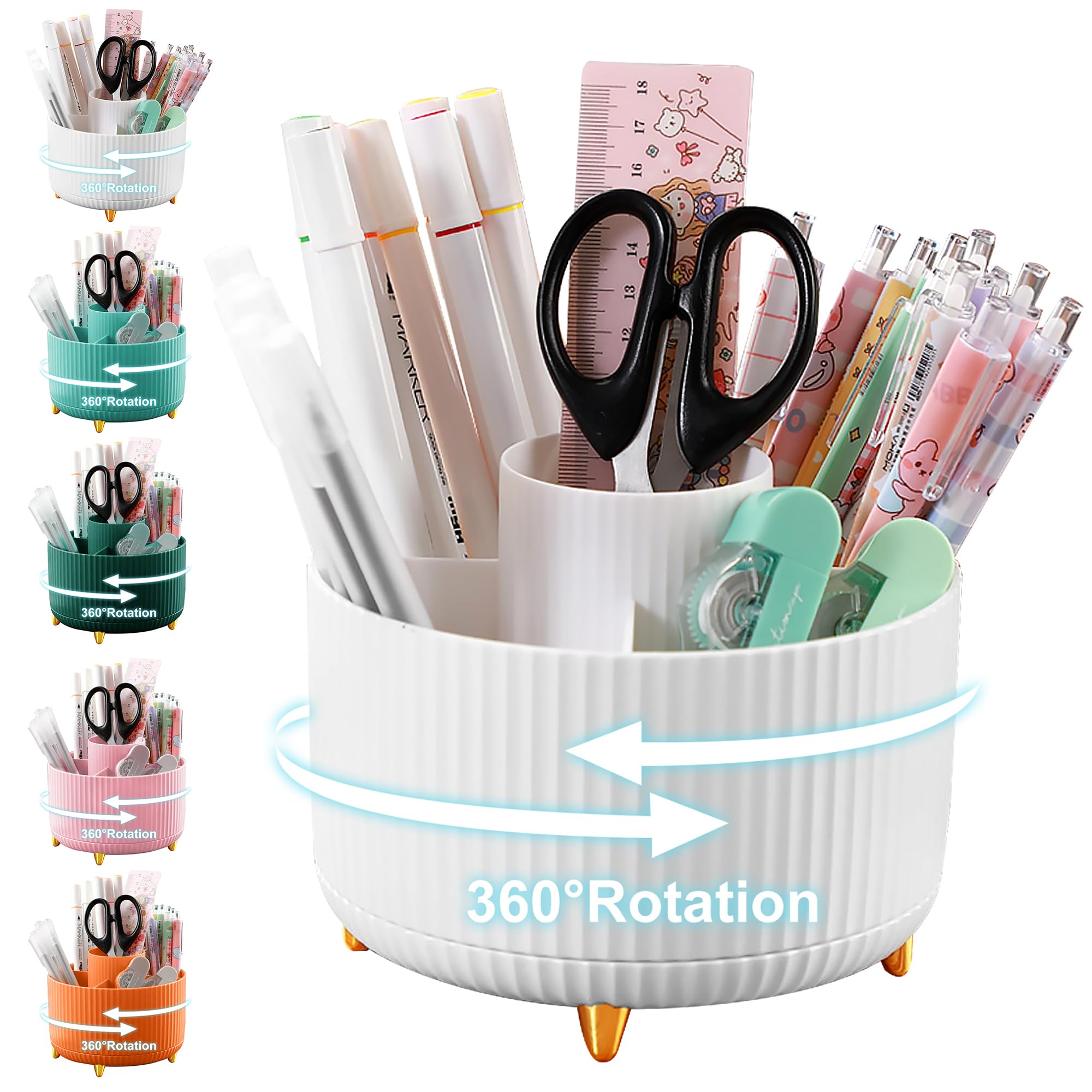 Cayxenful Pencil Holder For Desk,5 Slots 360°Degree Rotating Desk Organizers And Accessories,Desktop Storage Stationery Supplies Organizer, Cute Pencil Cup Pot For Office, School, Home (B-White)