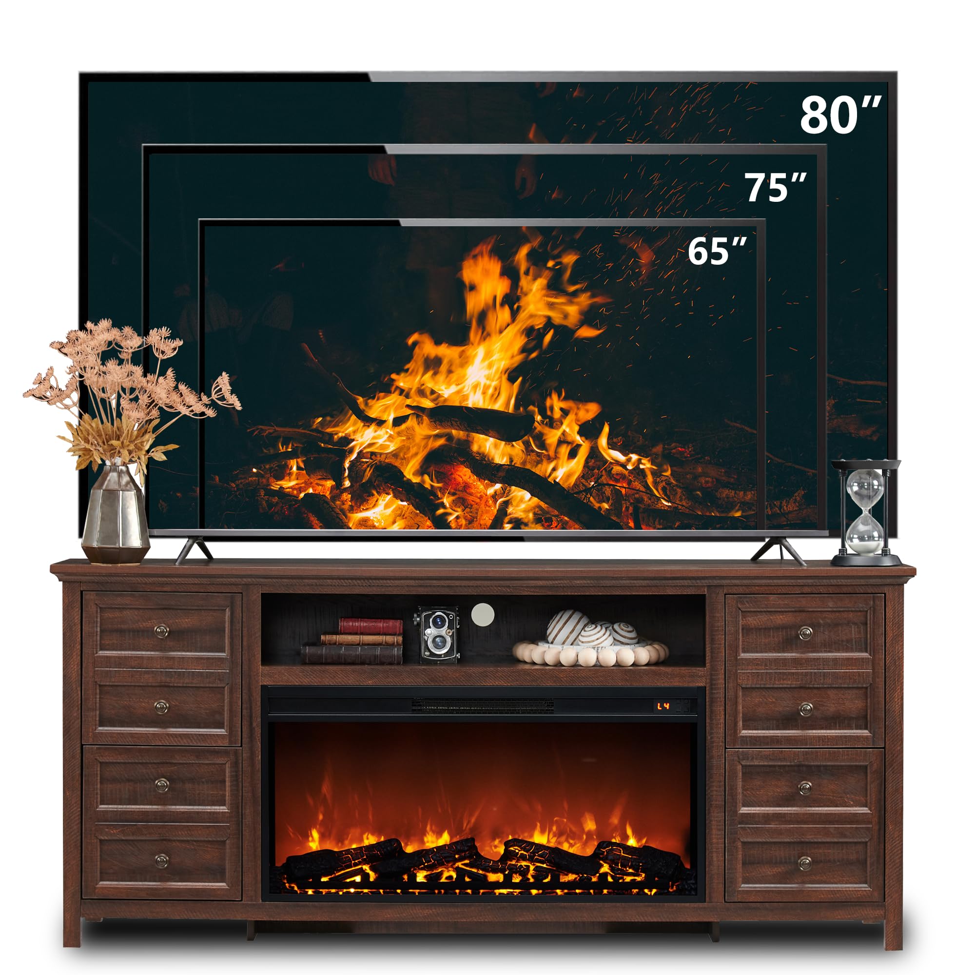 SinCiDo Fireplace TV Stand for TVs up to 80 Inches, Farmhouse Entertainment Center w/36 Electric Fireplace & 4 Faux Double Drawers, Large Media Console Cabinet for Living Room, 70 Inch, Brown